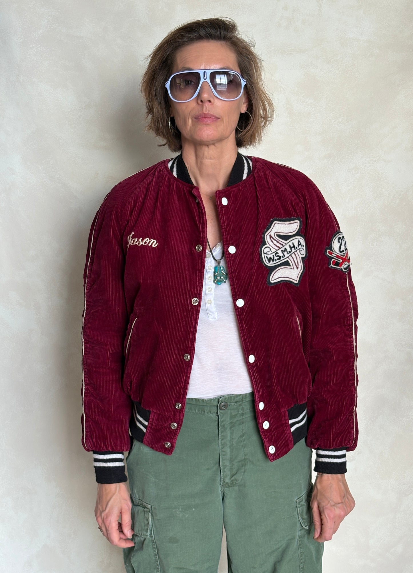 Size 34US / 44EU. Corduroy 70s varsity hockey jacket Made in Canada