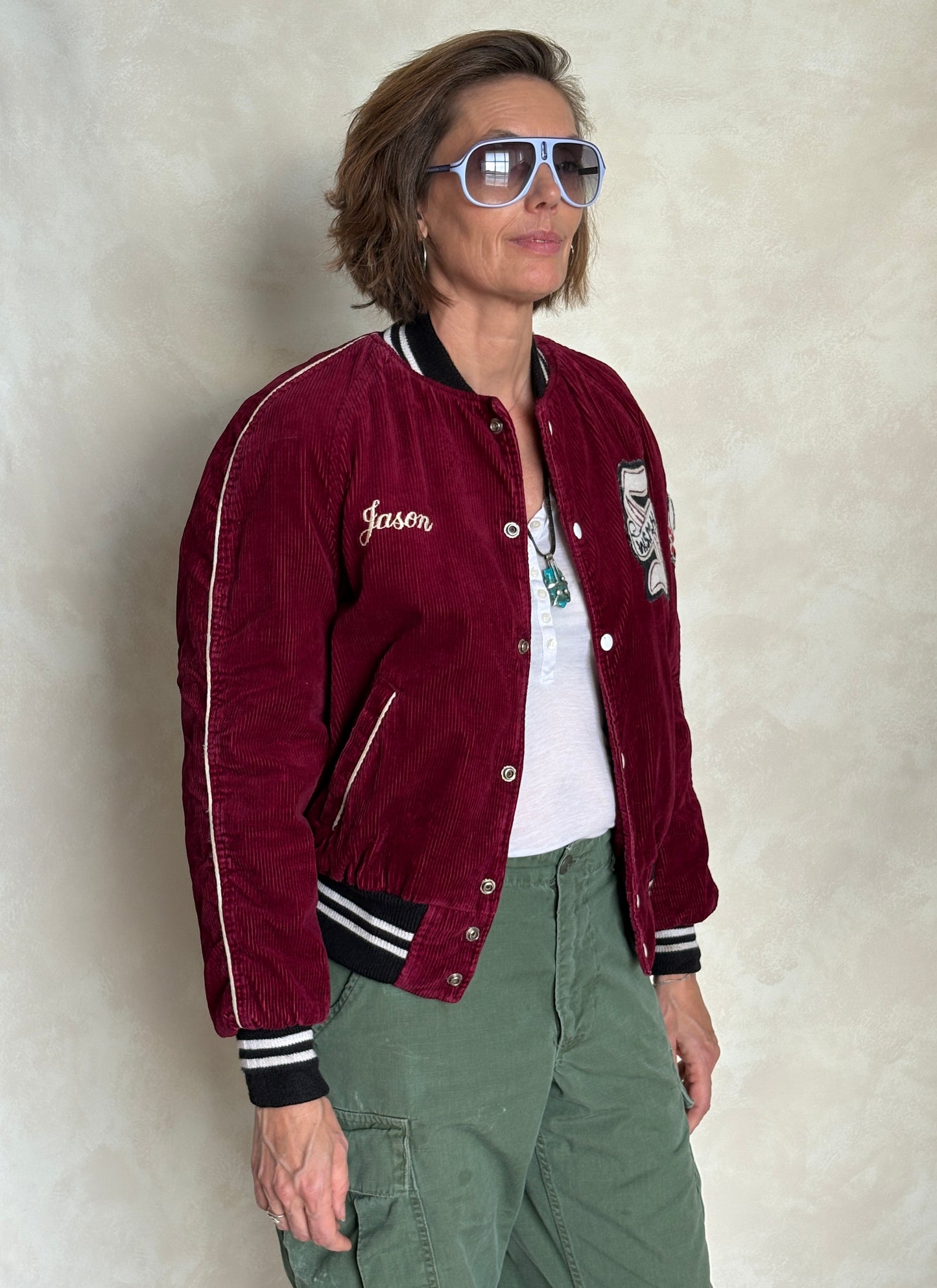 Size 34US / 44EU. Corduroy 70s varsity hockey jacket Made in Canada
