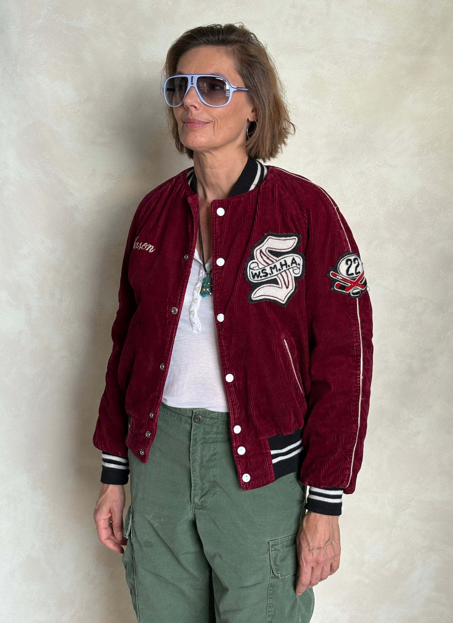 Size 34US / 44EU. Corduroy 70s varsity hockey jacket Made in Canada