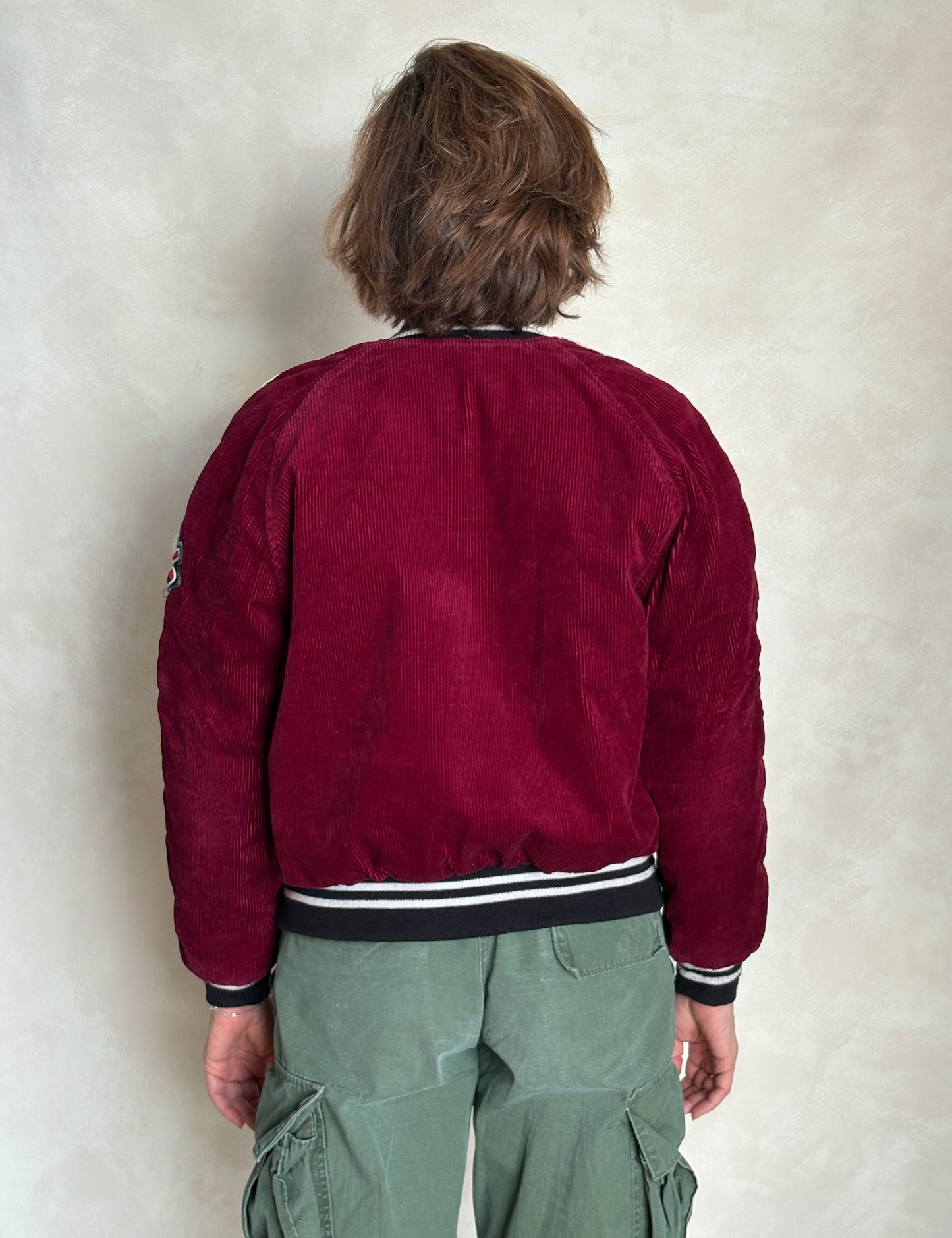 Size 34US / 44EU. Corduroy 70s varsity hockey jacket Made in Canada