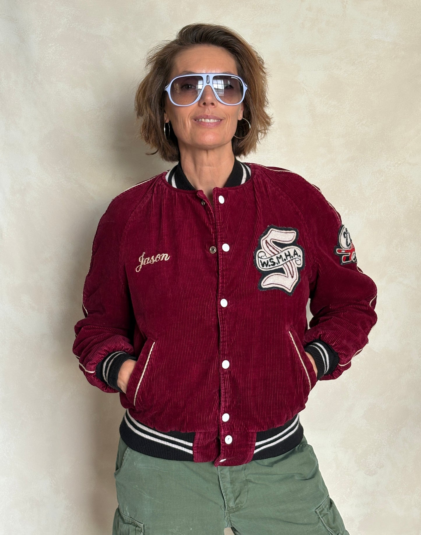 Size 34US / 44EU. Corduroy 70s varsity hockey jacket Made in Canada
