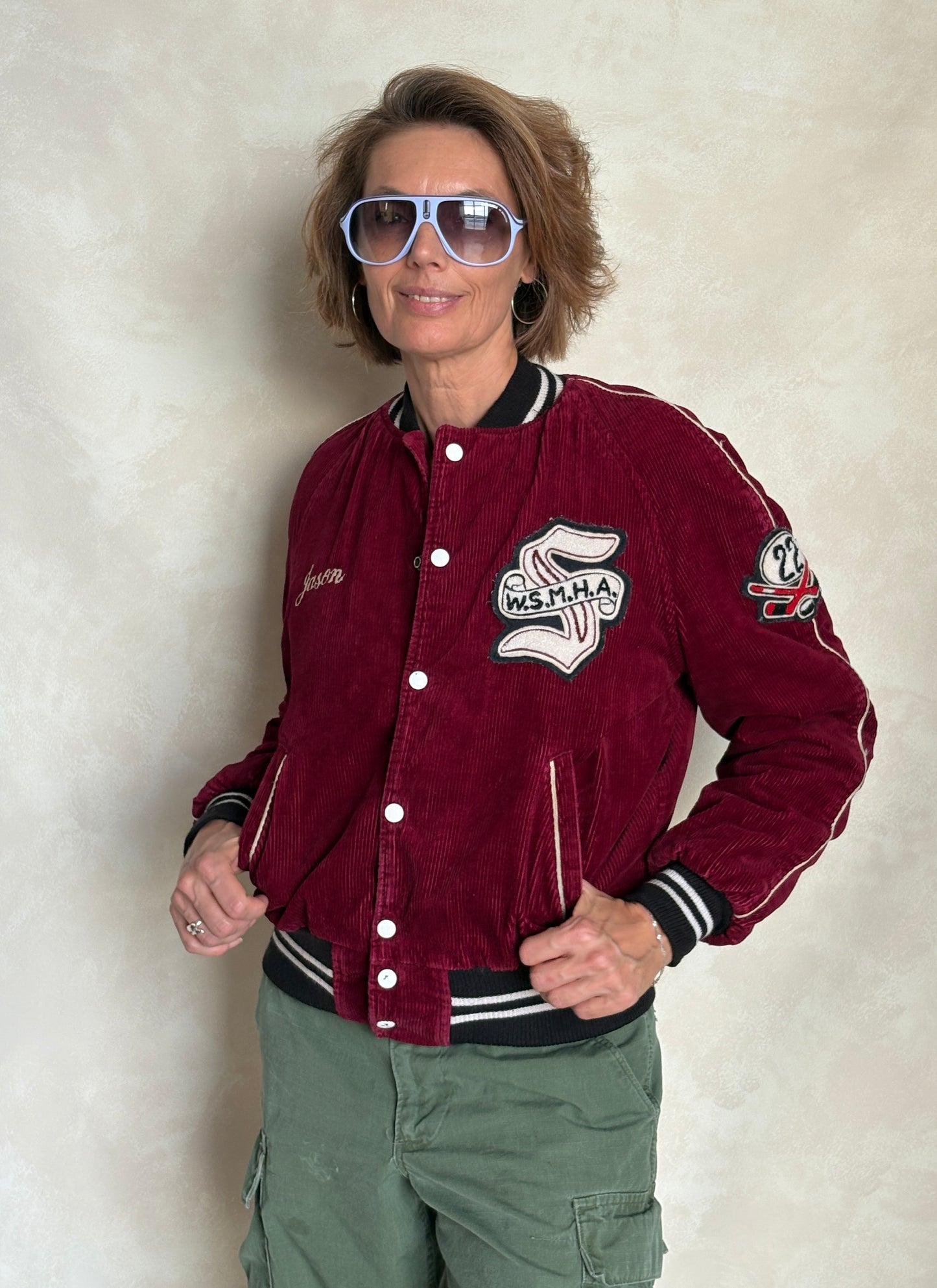 Size 34US / 44EU. Corduroy 70s varsity hockey jacket Made in Canada