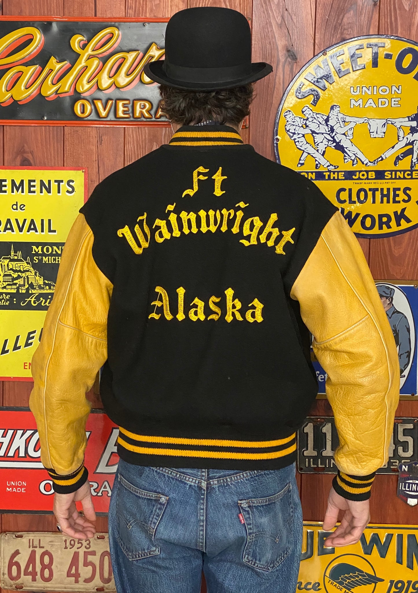 Vintage 1964 varsity jacket from Wainwright, Alaska, size 44 - back view.