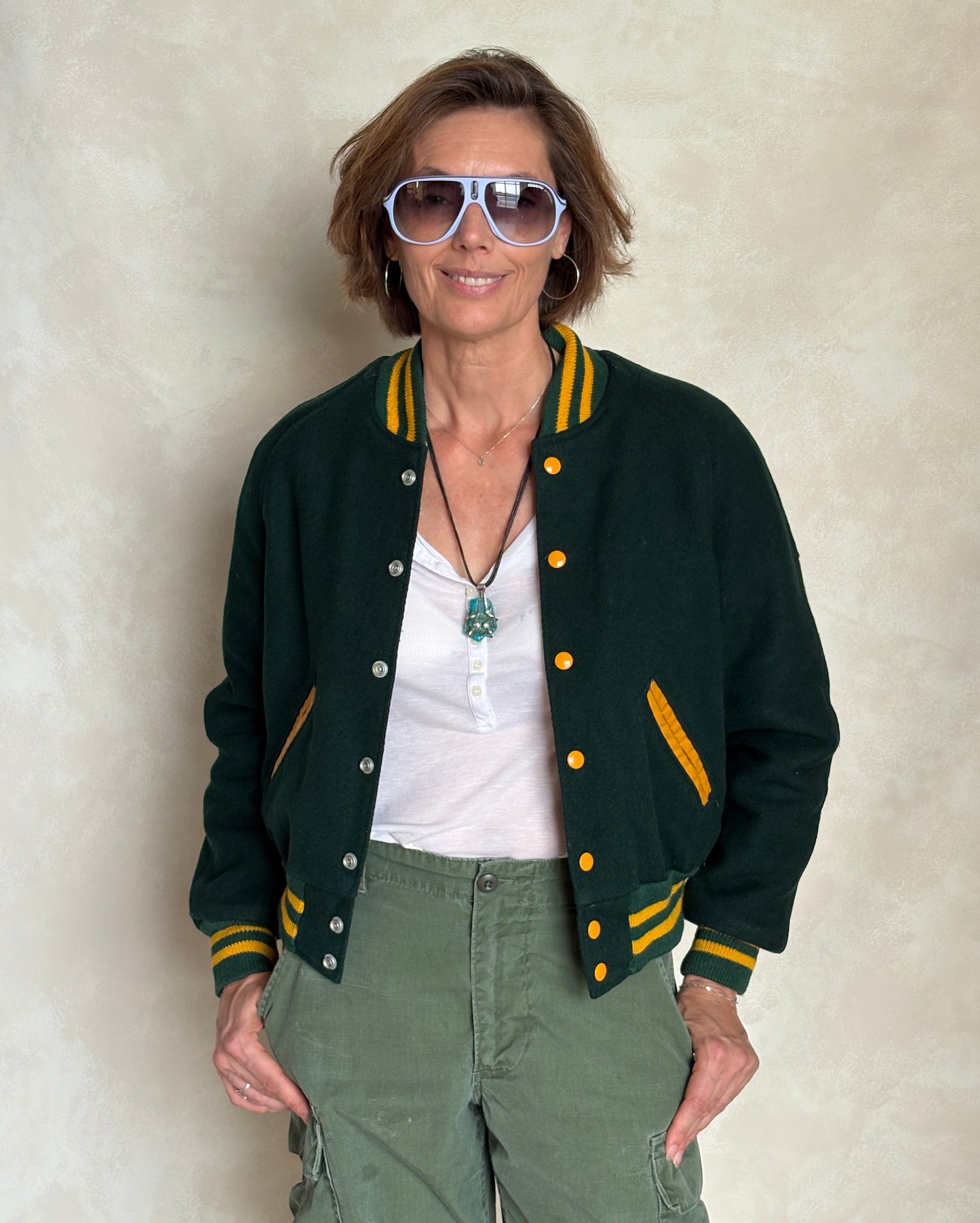 Size 18. Green Vintage 70s varsity jacket Made in USA