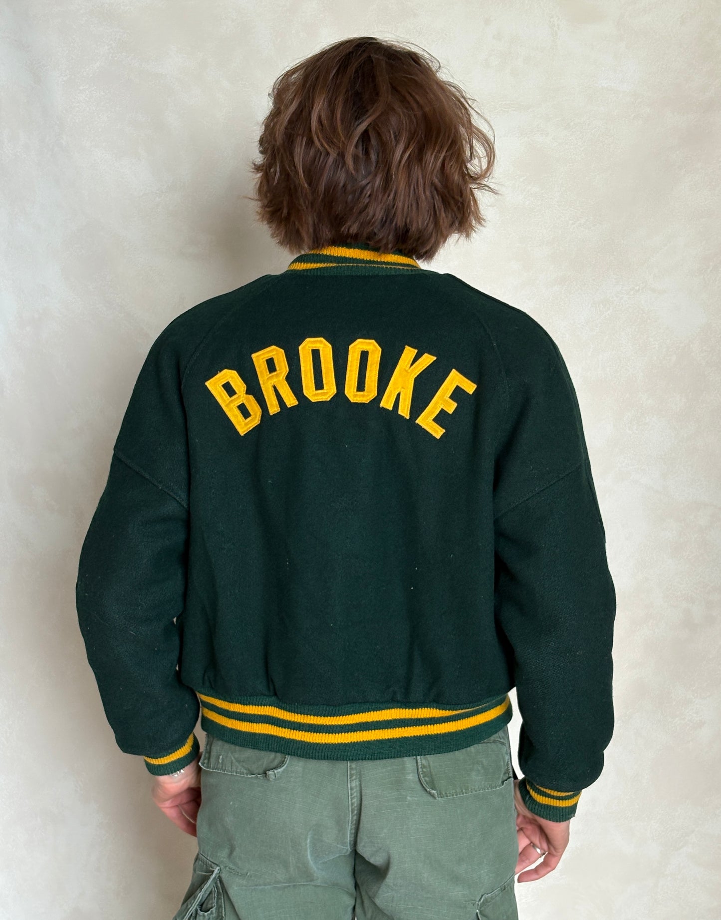 Size 18. Green Vintage 70s varsity jacket Made in USA