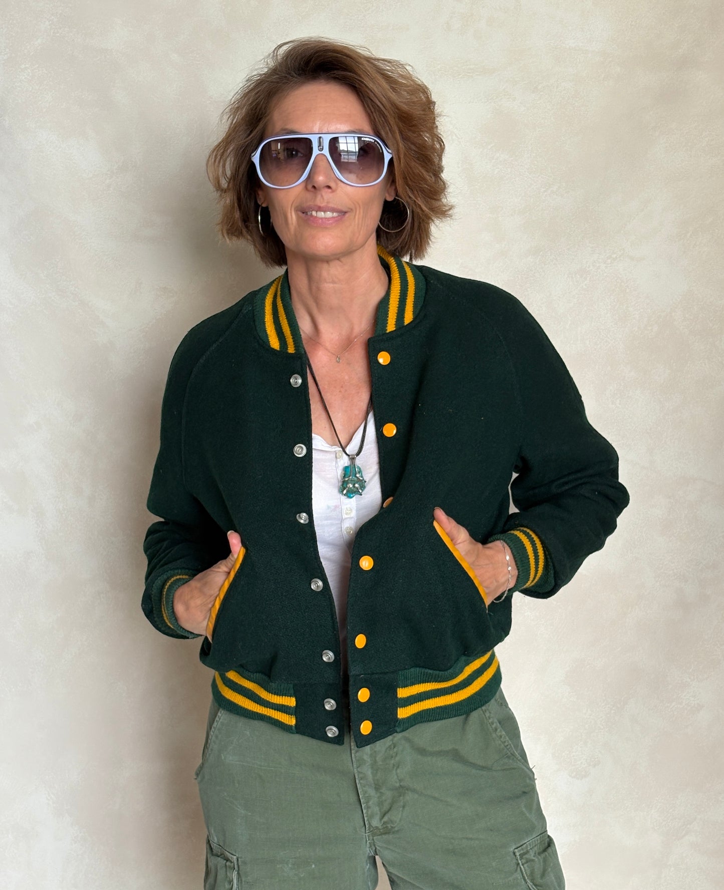 Size 18. Green Vintage 70s varsity jacket Made in USA