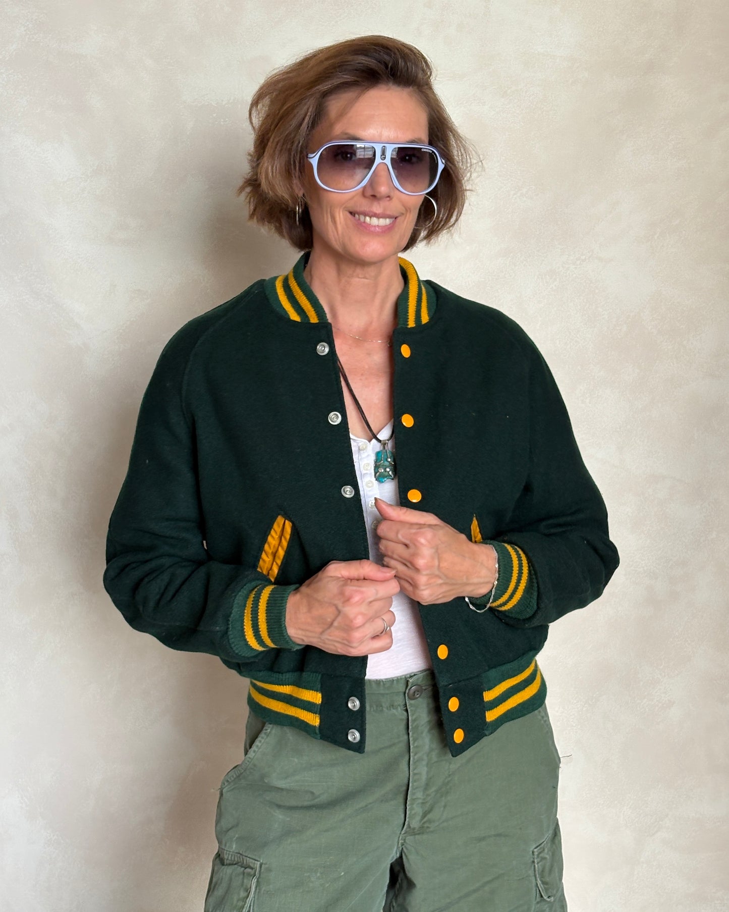 Size 18. Green Vintage 70s varsity jacket Made in USA