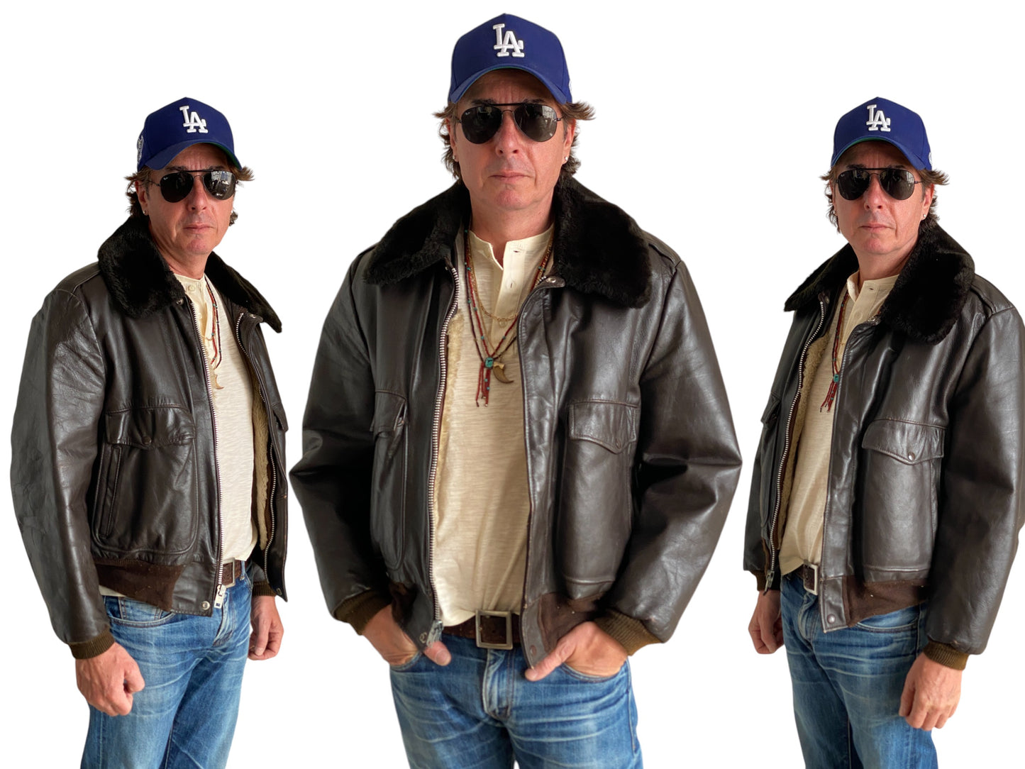 80s Vintage Leather Bomber Flight Jacket Aviator Size 42US Reg (52EU) – Made in USA