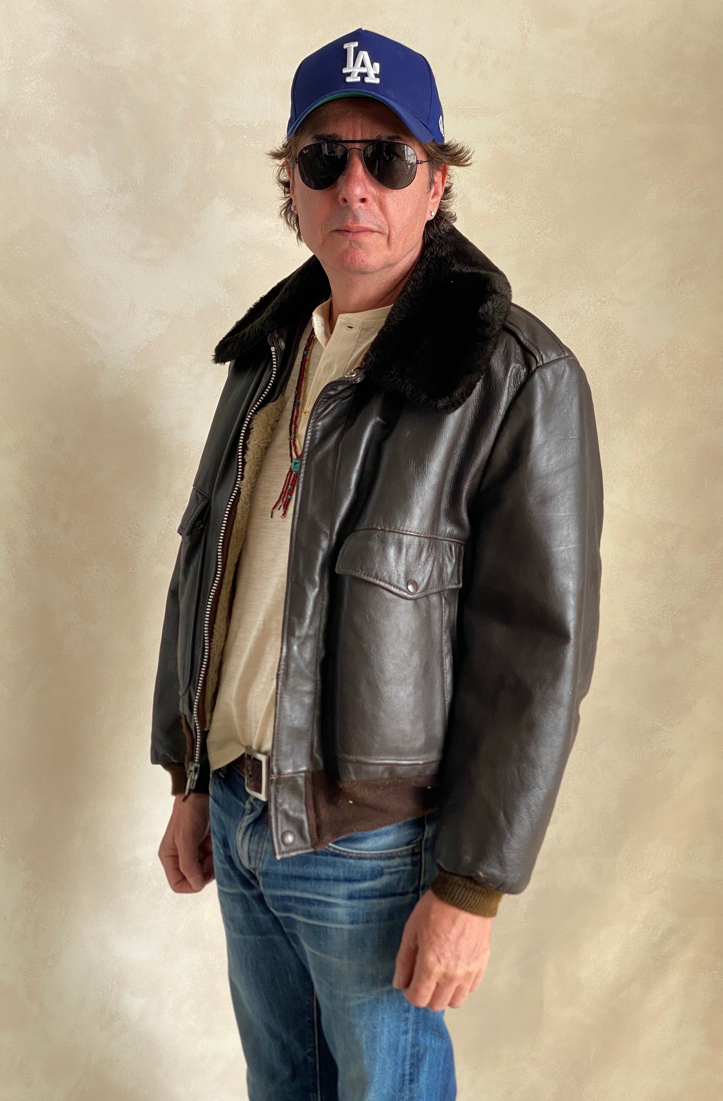 80s Vintage Leather Bomber Flight Jacket Aviator Size 42US Reg (52EU) – Made in USA