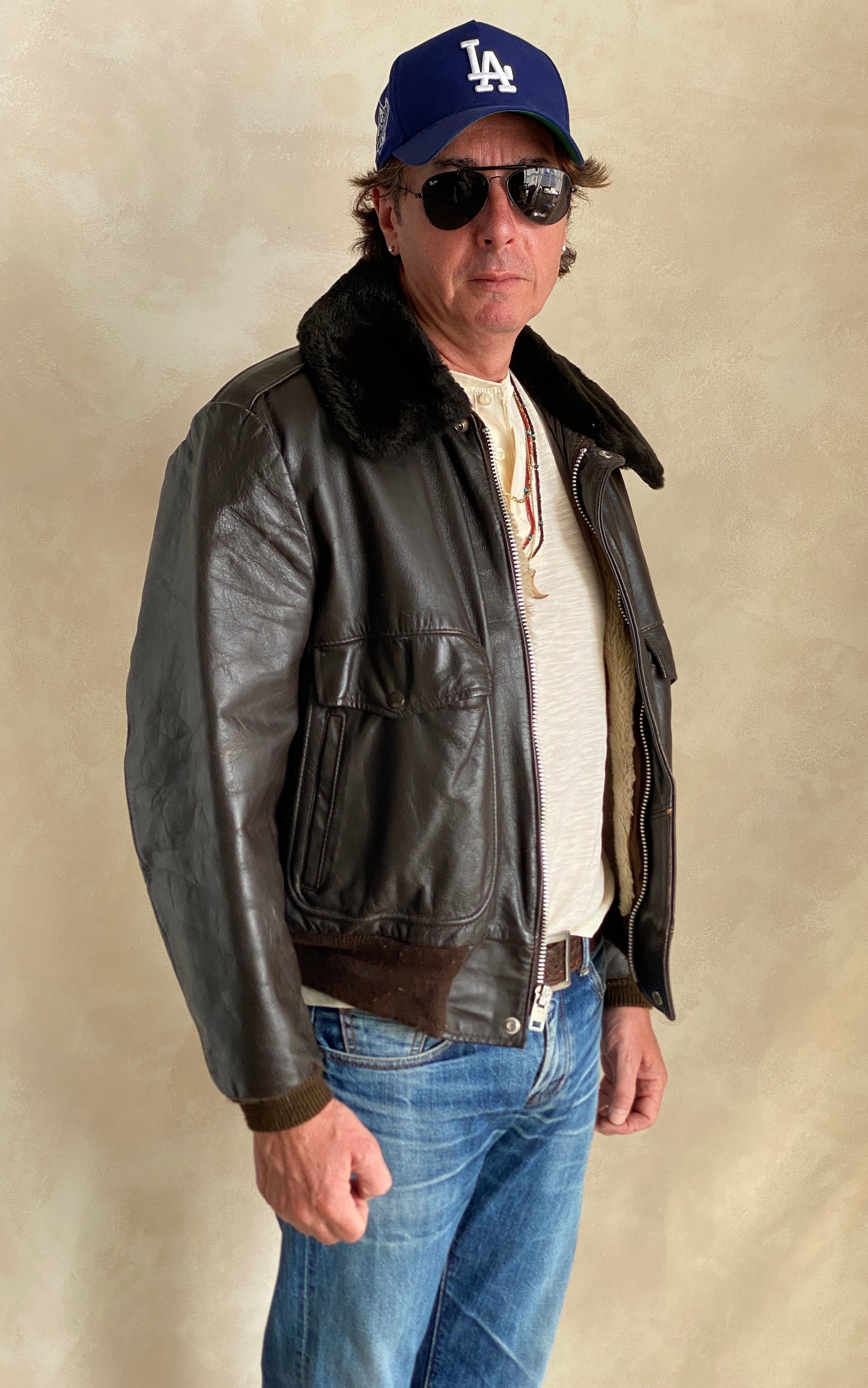 80s Vintage Leather Bomber Flight Jacket Aviator Size 42US Reg (52EU) – Made in USA