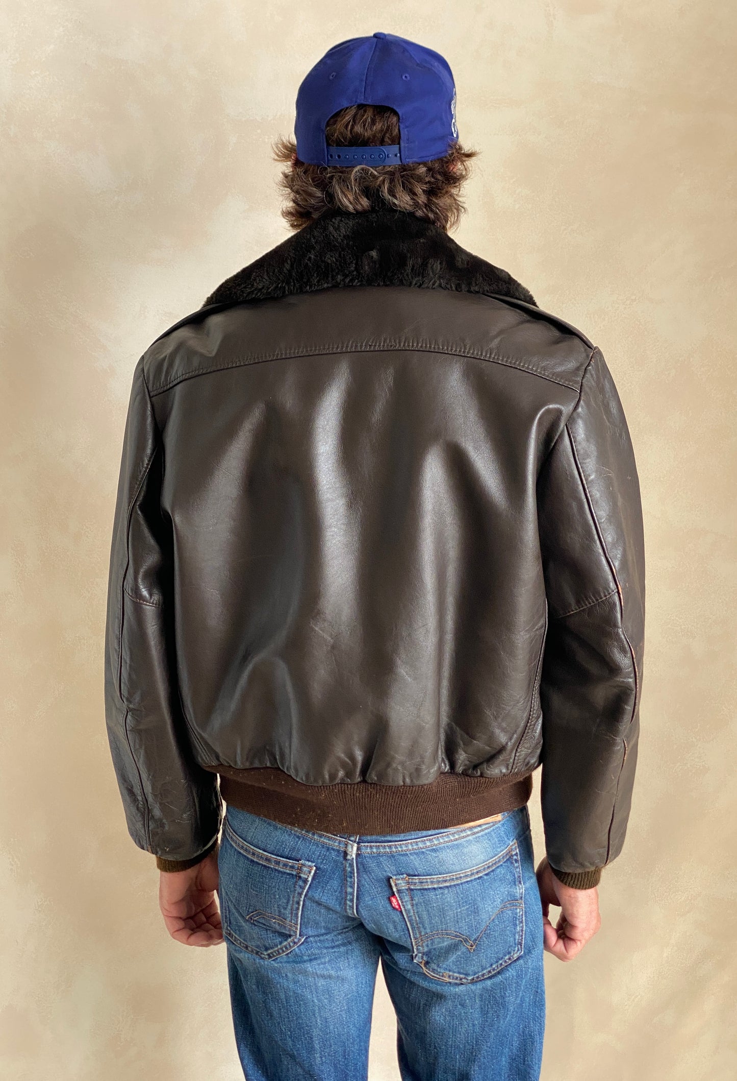 80s Vintage Leather Bomber Flight Jacket Aviator Size 42US Reg (52EU) – Made in USA