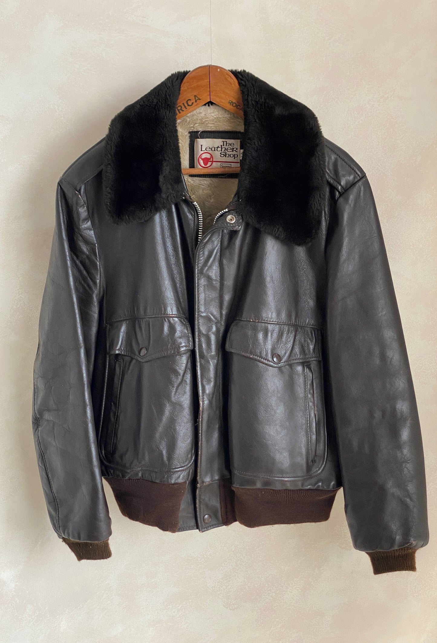 80s Vintage Leather Bomber Flight Jacket Aviator Size 42US Reg (52EU) – Made in USA