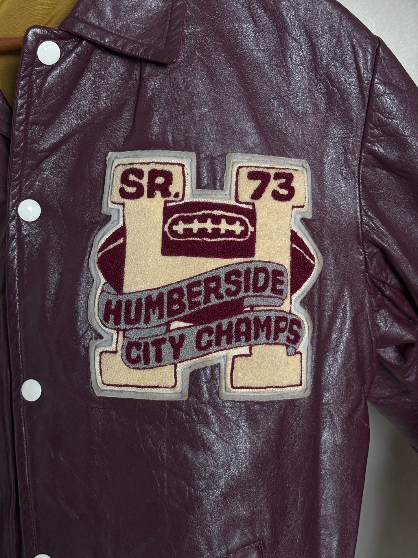 Size 42US / 52EU Vintage 1973 Humberside Collegiate Varsity Leather Jacket — Canadian High School Football — City Champs — Made in Canada