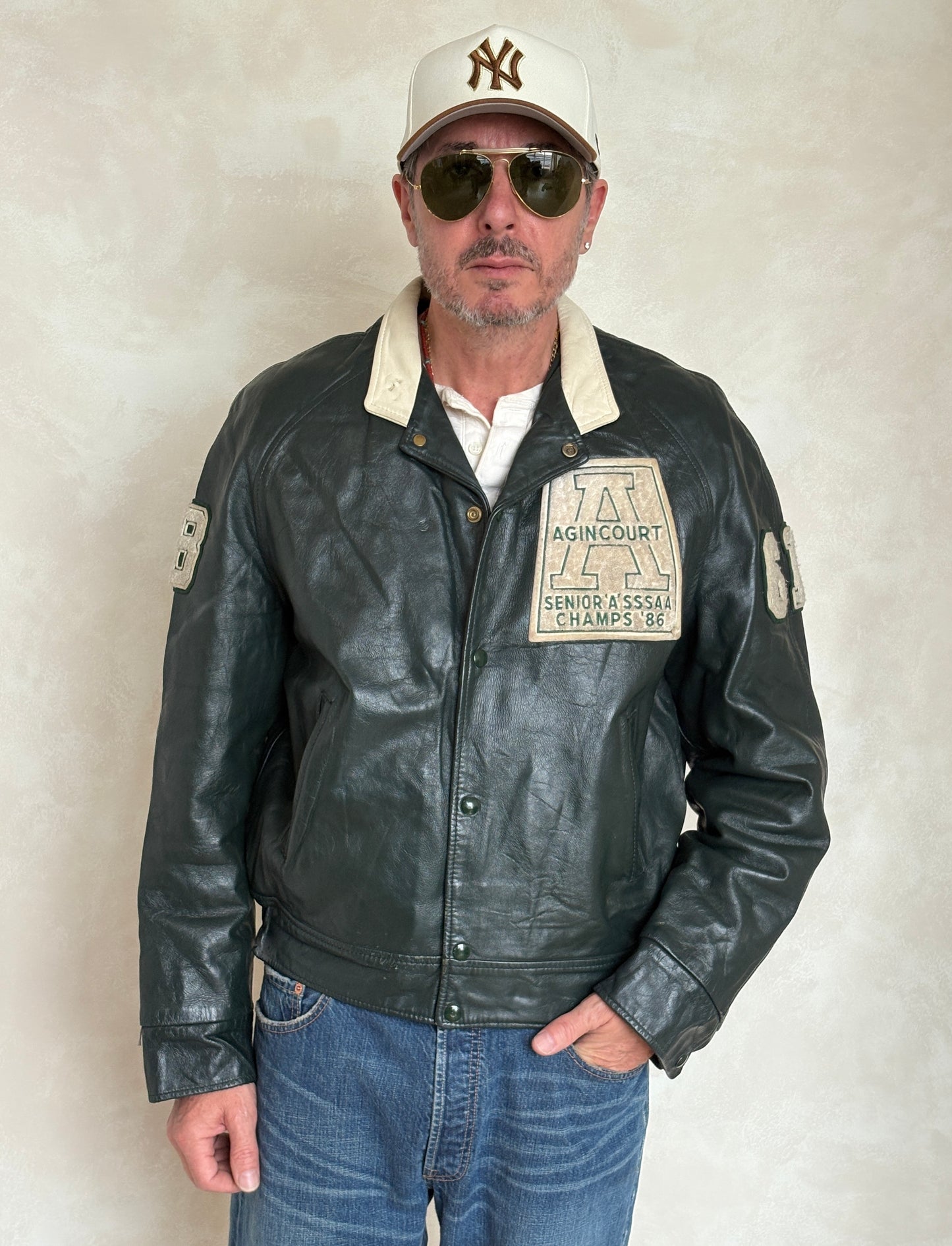 Size 44US / 54EU Vintage 1986 Agincourt Lancers Varsity Leather Jacket — Canadian High School Football — SSAAA Champions — Made in Canada