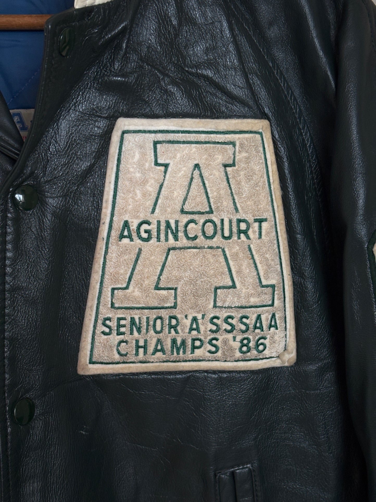 Size 44US / 54EU Vintage 1986 Agincourt Lancers Varsity Leather Jacket — Canadian High School Football — SSAAA Champions — Made in Canada