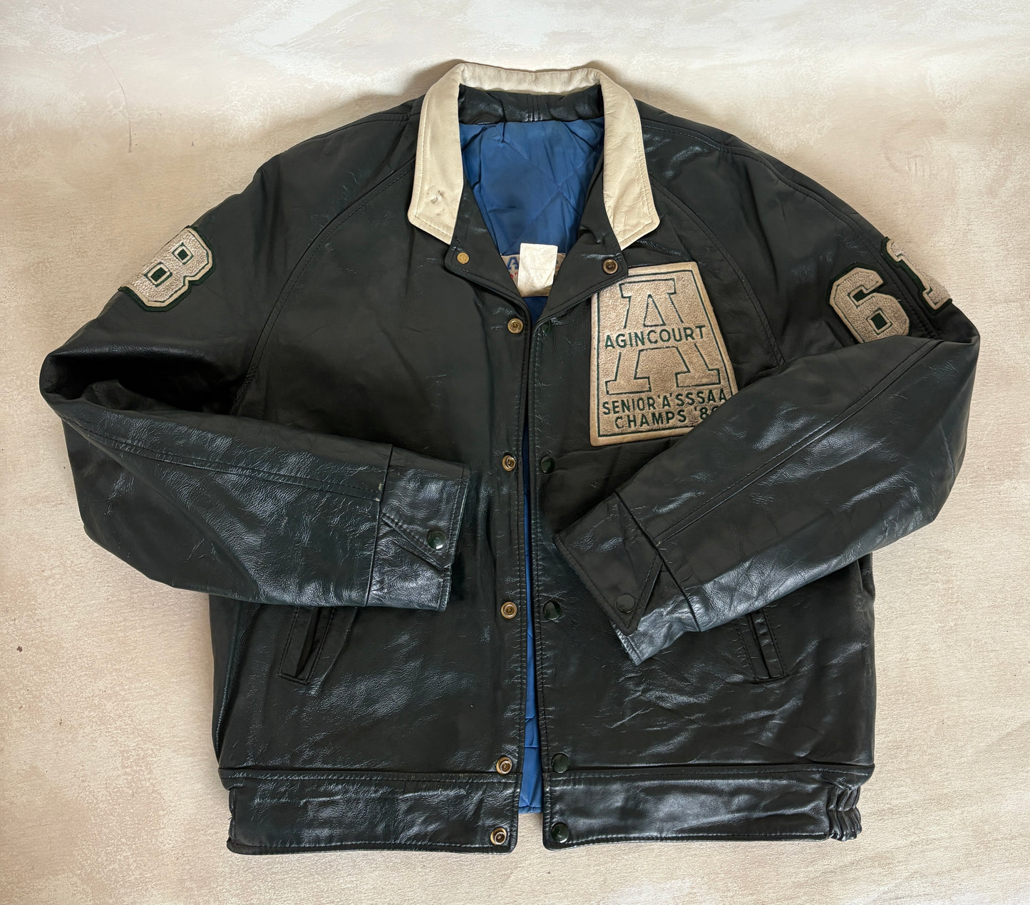 Size 44US / 54EU Vintage 1986 Agincourt Lancers Varsity Leather Jacket — Canadian High School Football — SSAAA Champions — Made in Canada