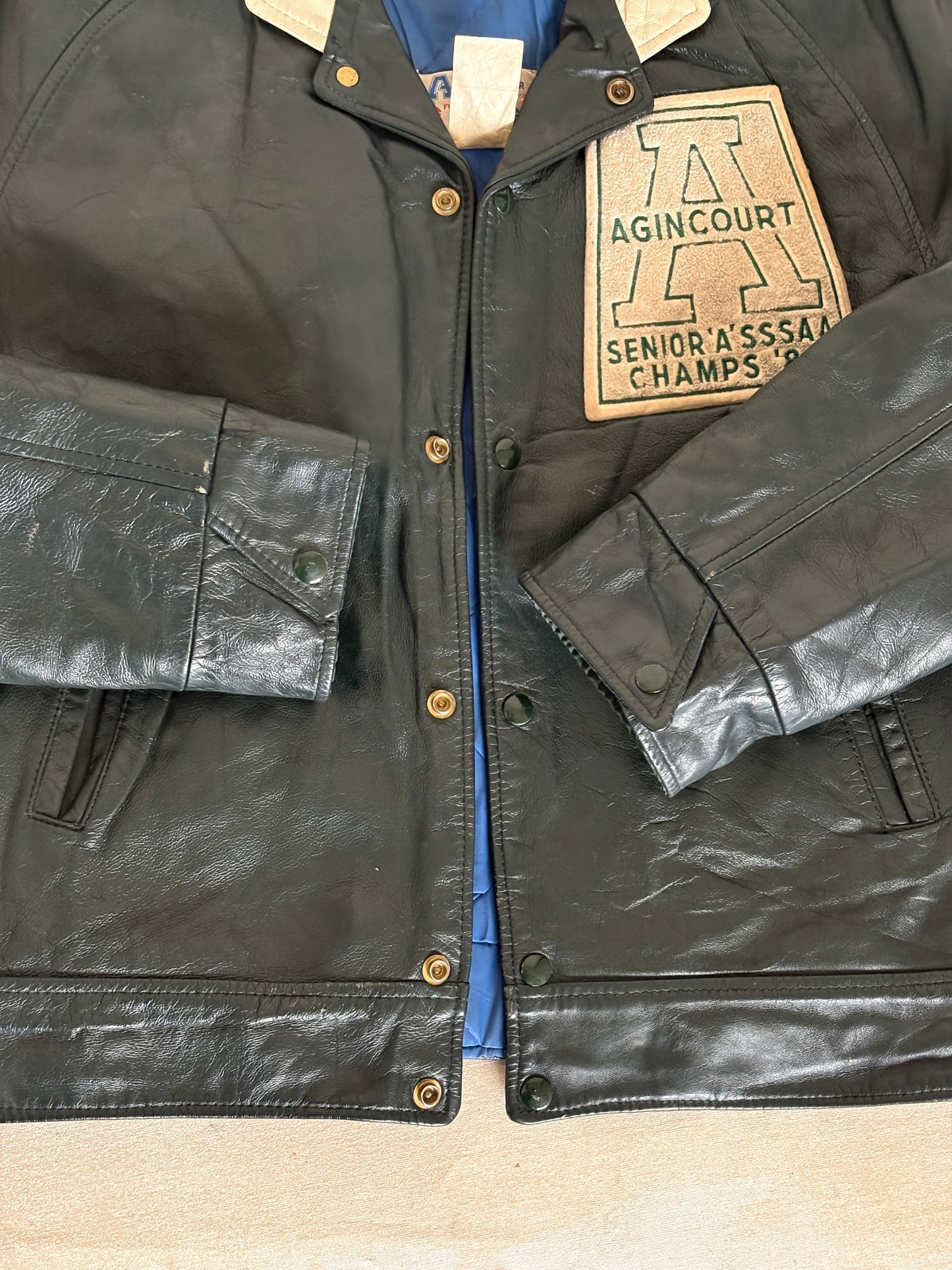Size 44US / 54EU Vintage 1986 Agincourt Lancers Varsity Leather Jacket — Canadian High School Football — SSAAA Champions — Made in Canada
