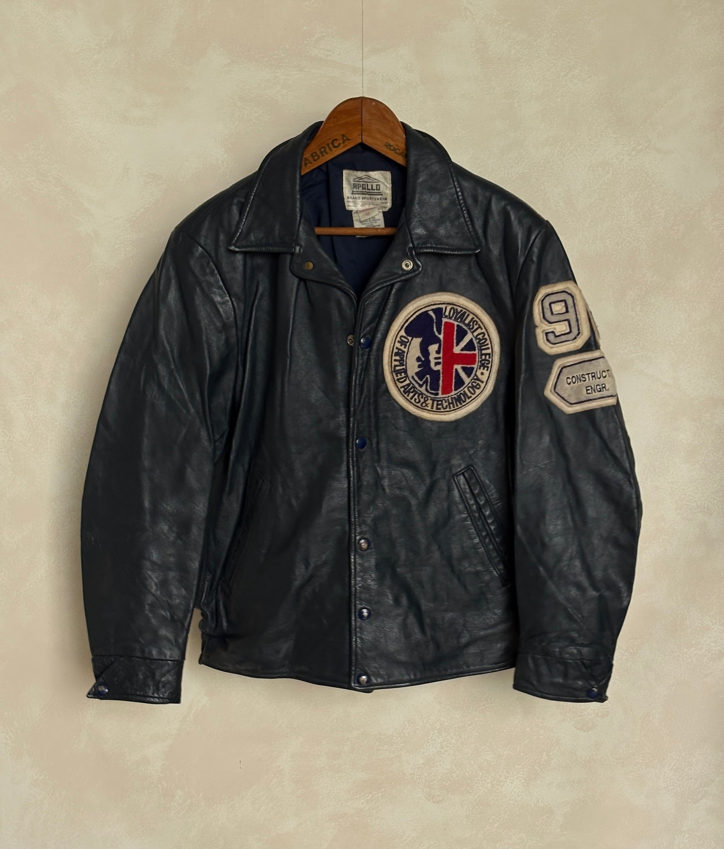 Size 42US / 52EU Vintage 1990 Loyalist College Varsity Leather Jacket — Construction Engineering Program — Made in Canada