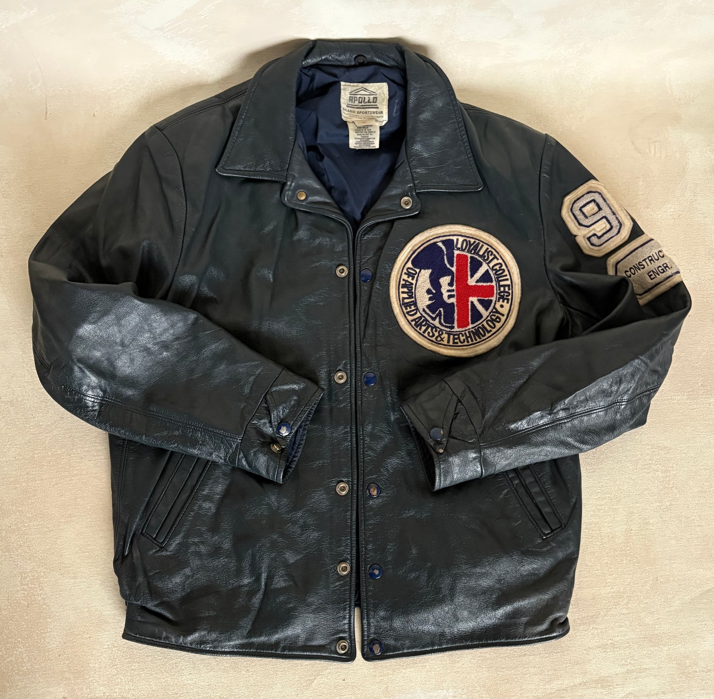 Size 42US / 52EU Vintage 1990 Loyalist College Varsity Leather Jacket — Construction Engineering Program — Made in Canada