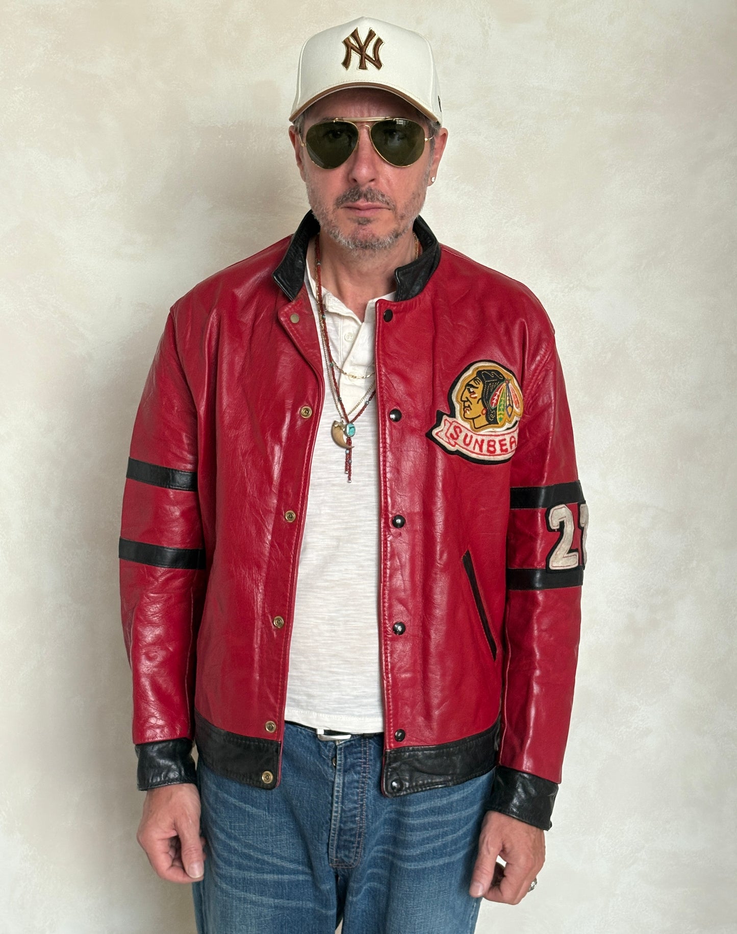 Size 42US / 52EU Vintage 1970s Sunbeam Varsity Leather Jacket — Red & Black Canadian Sports Bomber —