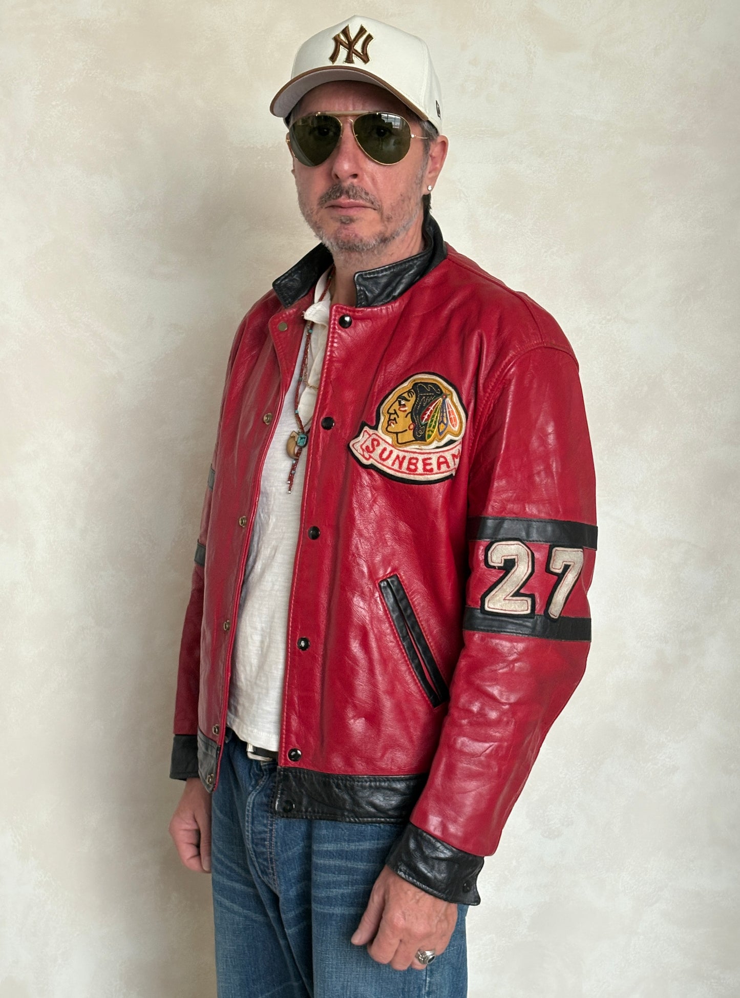 Size 42US / 52EU Vintage 1970s Sunbeam Varsity Leather Jacket — Red & Black Canadian Sports Bomber —