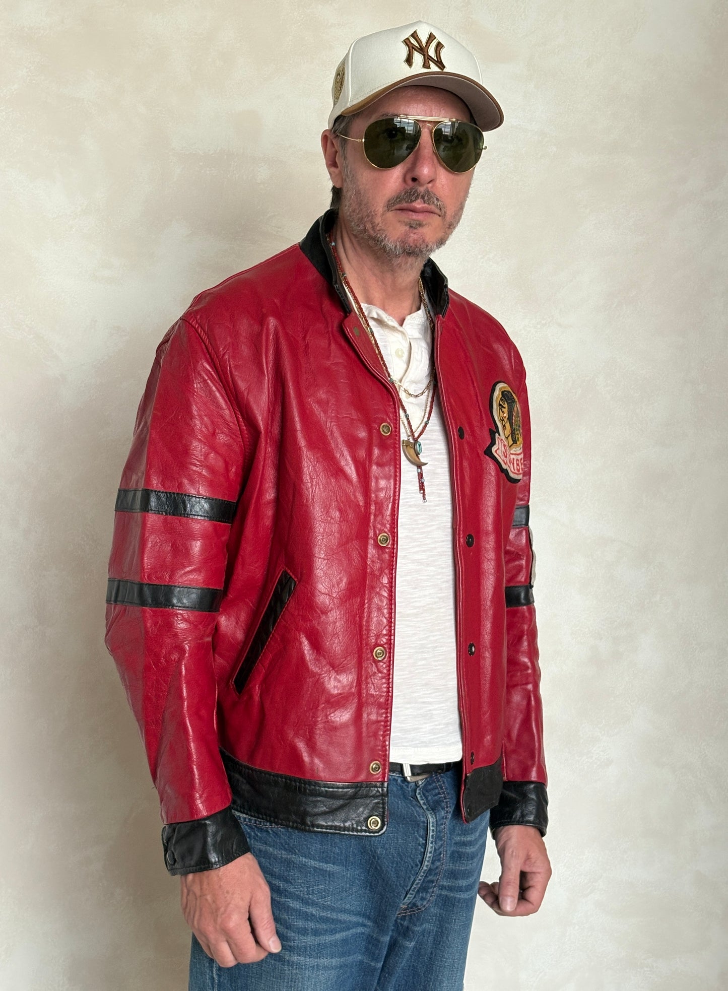 Size 42US / 52EU Vintage 1970s Sunbeam Varsity Leather Jacket — Red & Black Canadian Sports Bomber —