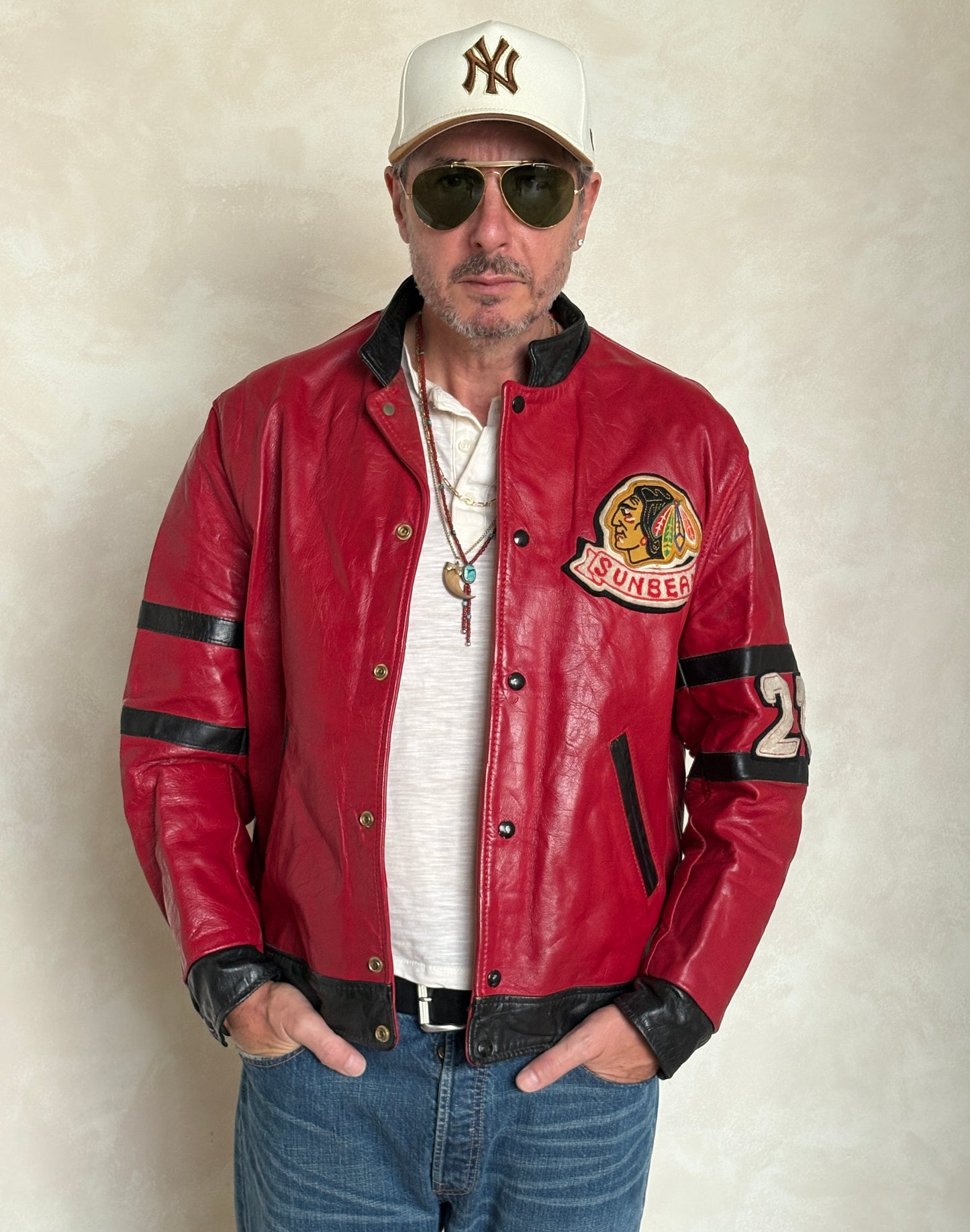 Size 42US / 52EU Vintage 1970s Sunbeam Varsity Leather Jacket — Red & Black Canadian Sports Bomber —