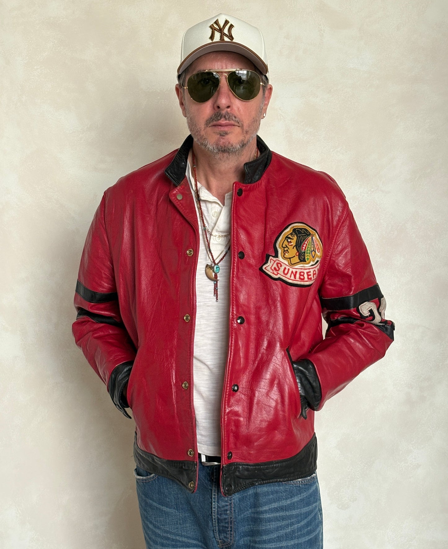 Size 42US / 52EU Vintage 1970s Sunbeam Varsity Leather Jacket — Red & Black Canadian Sports Bomber —