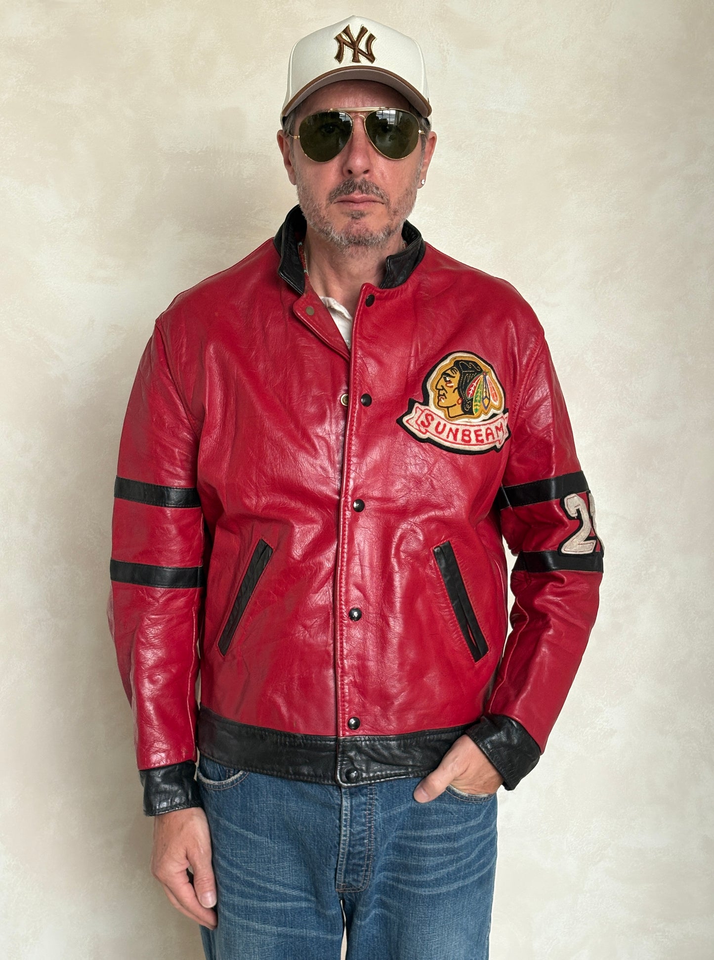 Size 42US / 52EU Vintage 1970s Sunbeam Varsity Leather Jacket — Red & Black Canadian Sports Bomber —