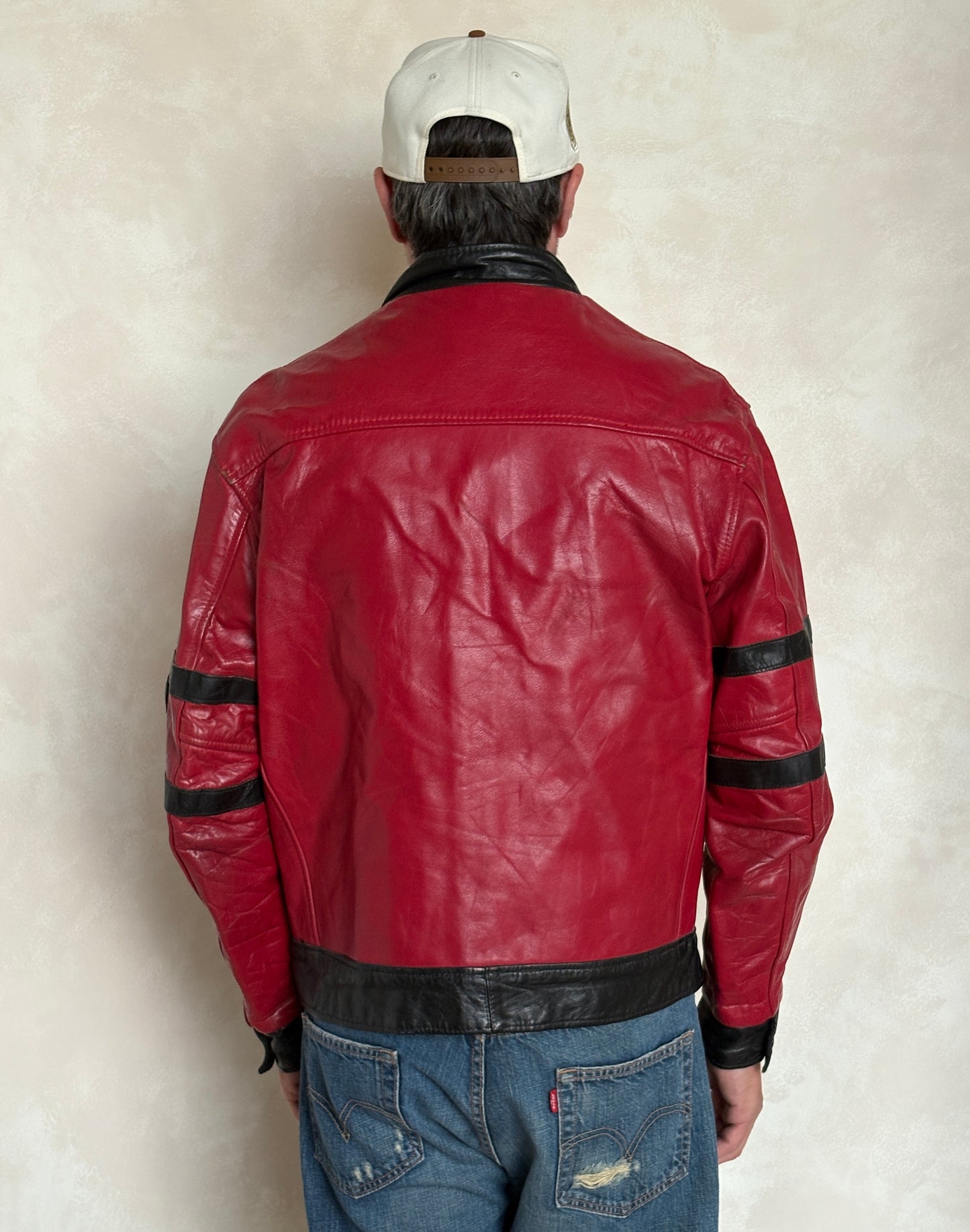 Size 42US / 52EU Vintage 1970s Sunbeam Varsity Leather Jacket — Red & Black Canadian Sports Bomber —