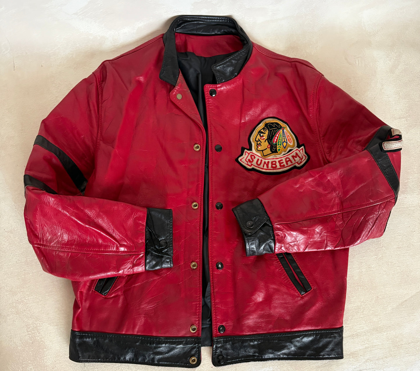 Size 42US / 52EU Vintage 1970s Sunbeam Varsity Leather Jacket — Red & Black Canadian Sports Bomber —