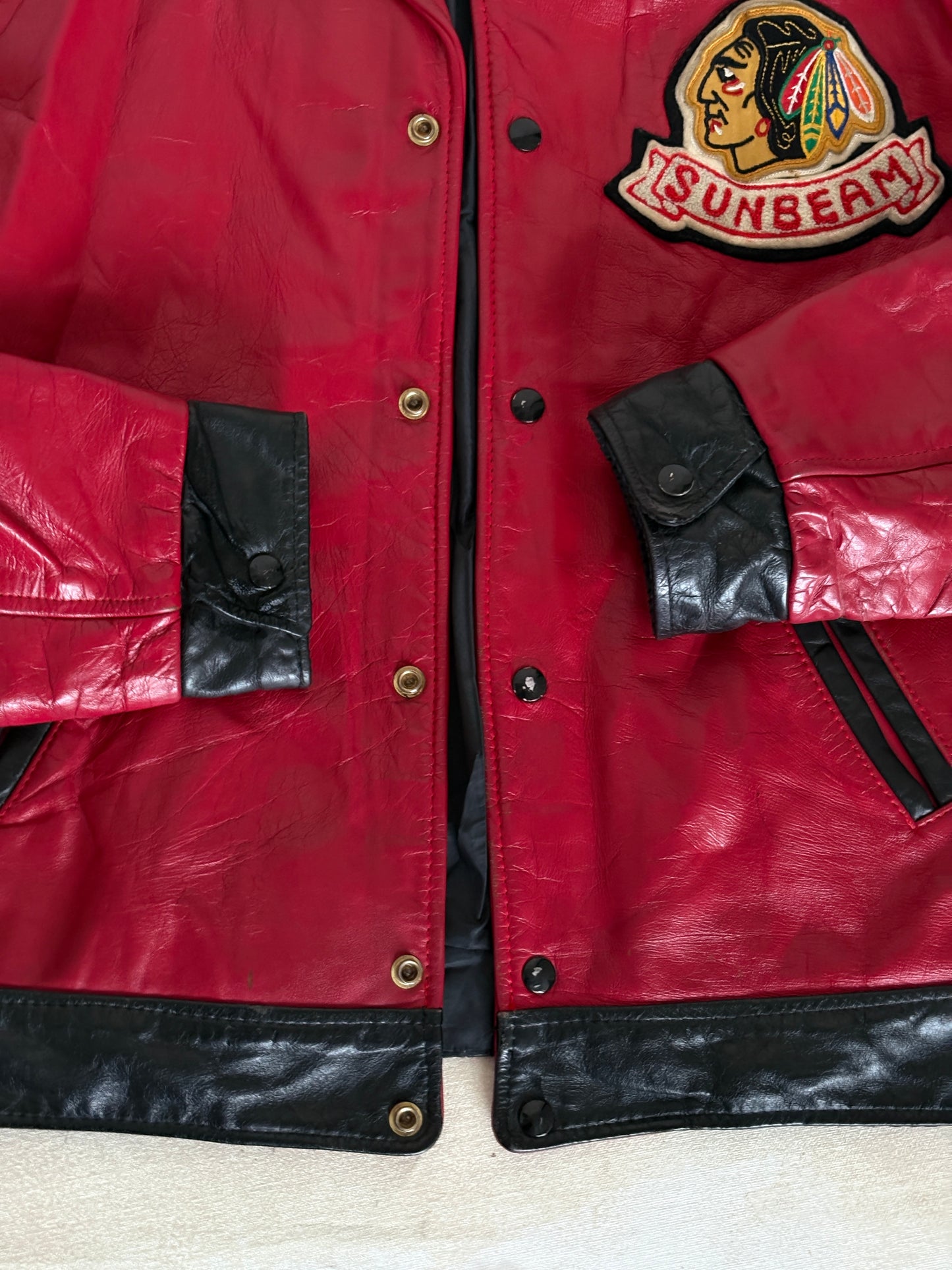 Size 42US / 52EU Vintage 1970s Sunbeam Varsity Leather Jacket — Red & Black Canadian Sports Bomber —