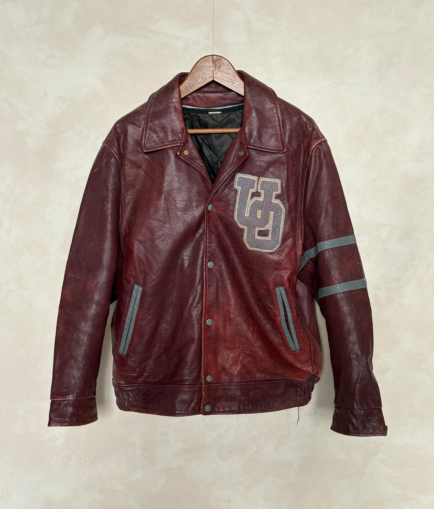 Size 44US / 54EU Vintage University of Ottawa Varsity Jacket — Maroon Leather Bomber — Canadian College Jacket 1970s