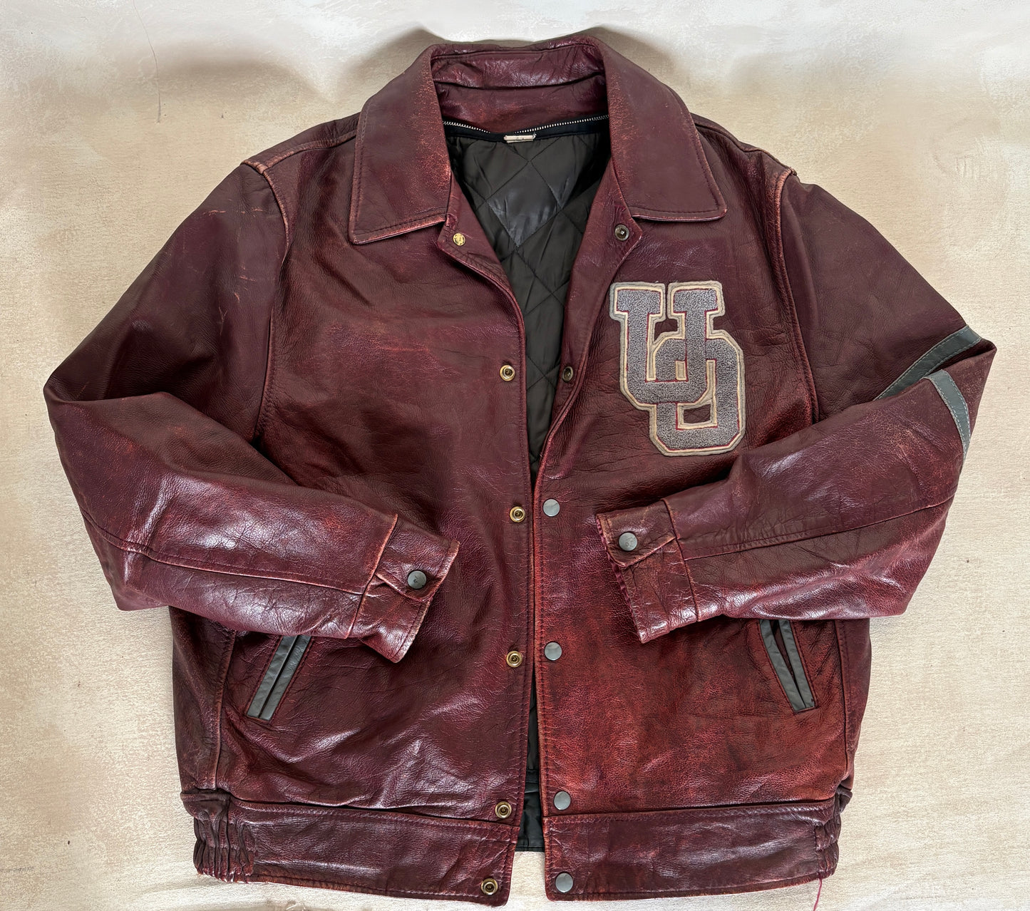 Size 44US / 54EU Vintage University of Ottawa Varsity Jacket — Maroon Leather Bomber — Canadian College Jacket 1970s