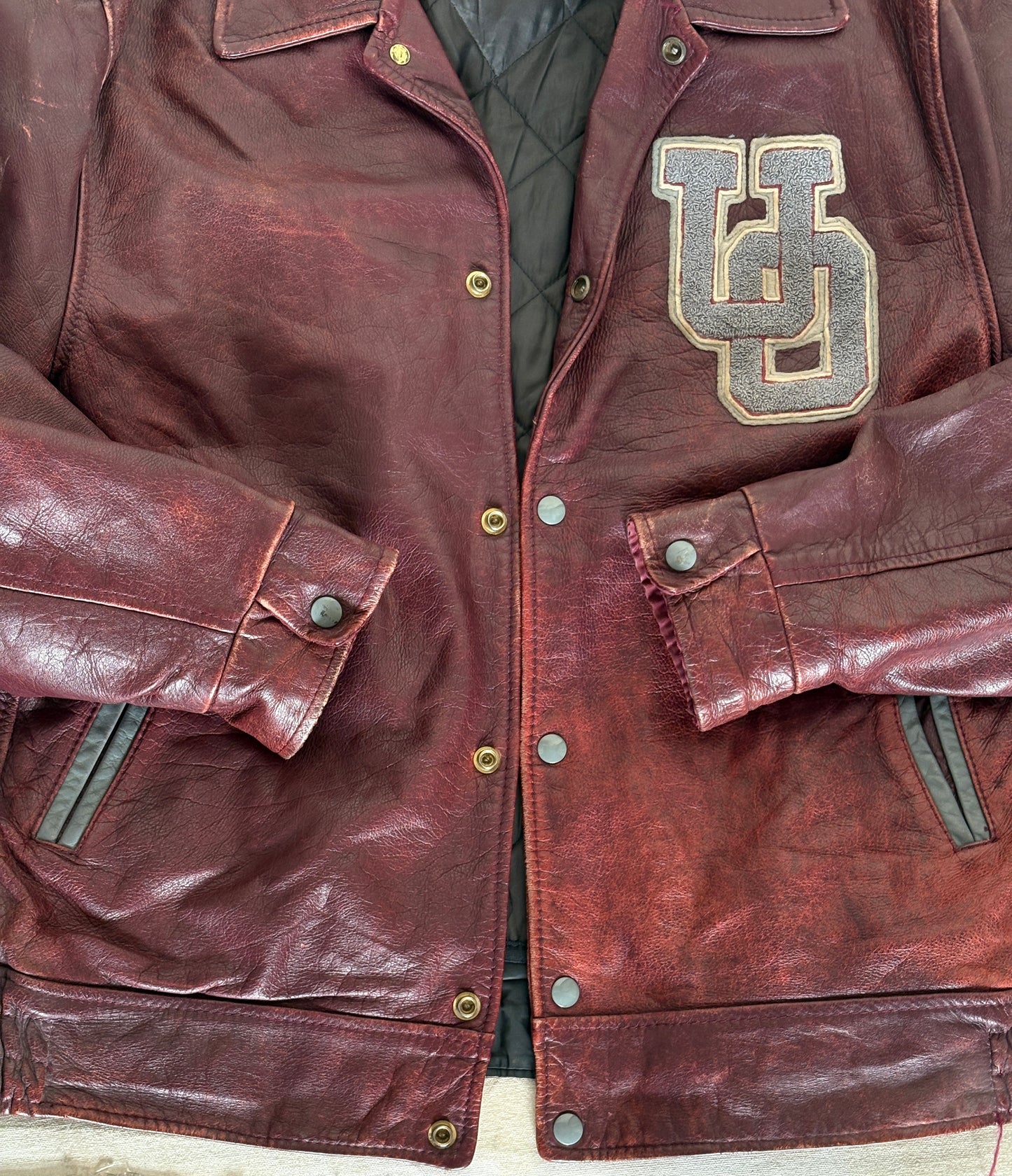Size 44US / 54EU Vintage University of Ottawa Varsity Jacket — Maroon Leather Bomber — Canadian College Jacket 1970s