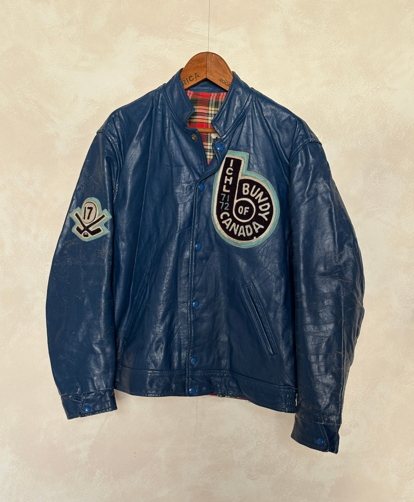 Size 44US / 54EU Vintage 1970s Bundy of Canada Hockey Jacket — ICHL 71-72 Varsity Leather Bomber — Rare Canadian Sports Collectible