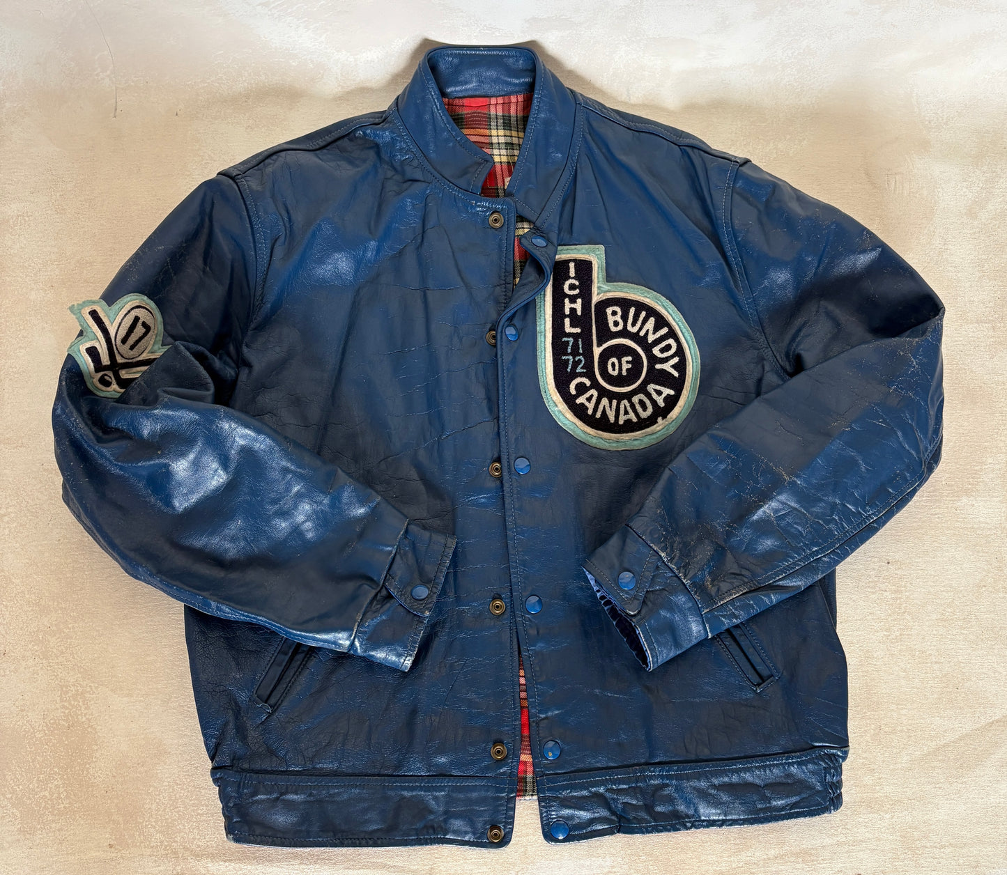 Size 44US / 54EU Vintage 1970s Bundy of Canada Hockey Jacket — ICHL 71-72 Varsity Leather Bomber — Rare Canadian Sports Collectible
