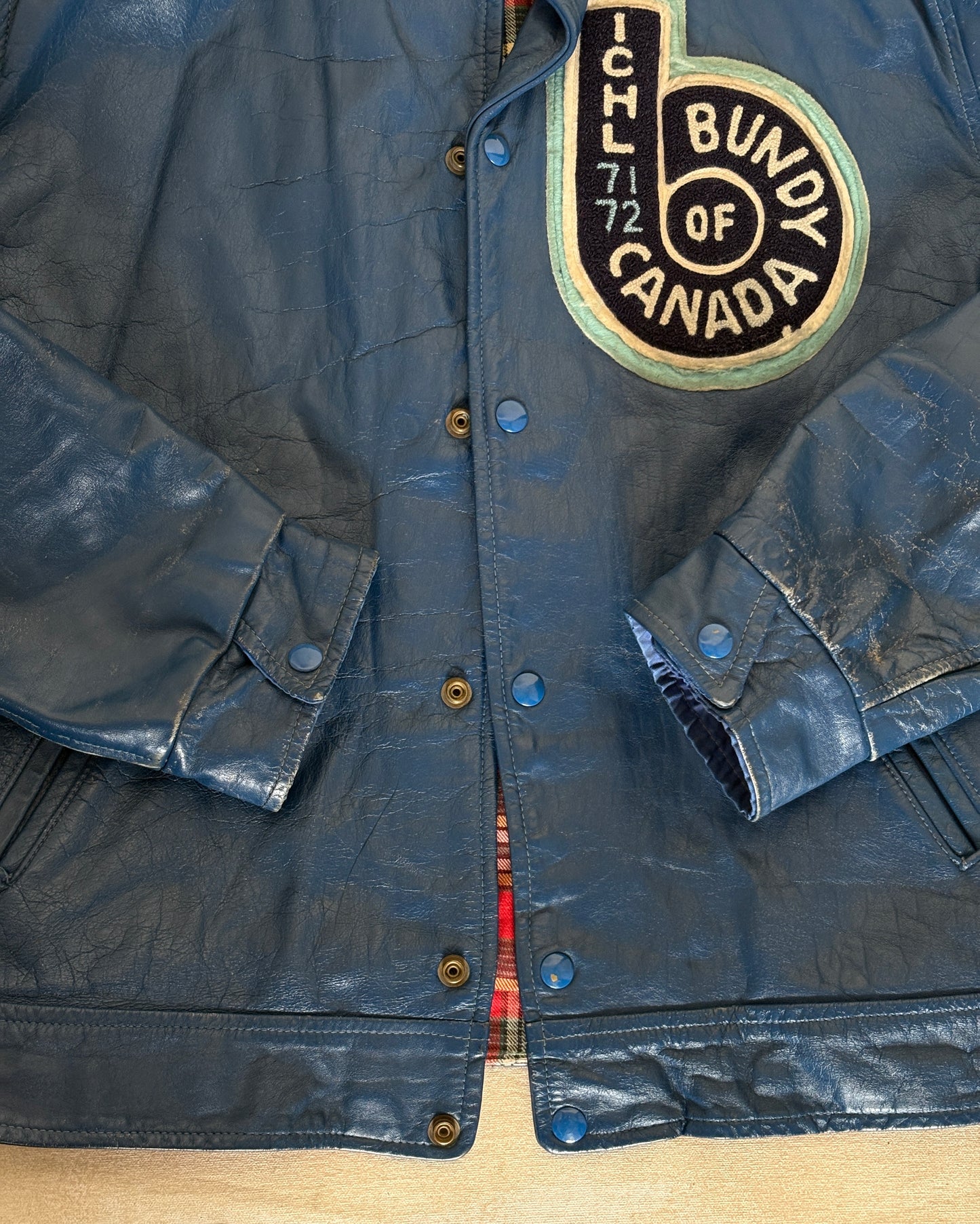 Size 44US / 54EU Vintage 1970s Bundy of Canada Hockey Jacket — ICHL 71-72 Varsity Leather Bomber — Rare Canadian Sports Collectible
