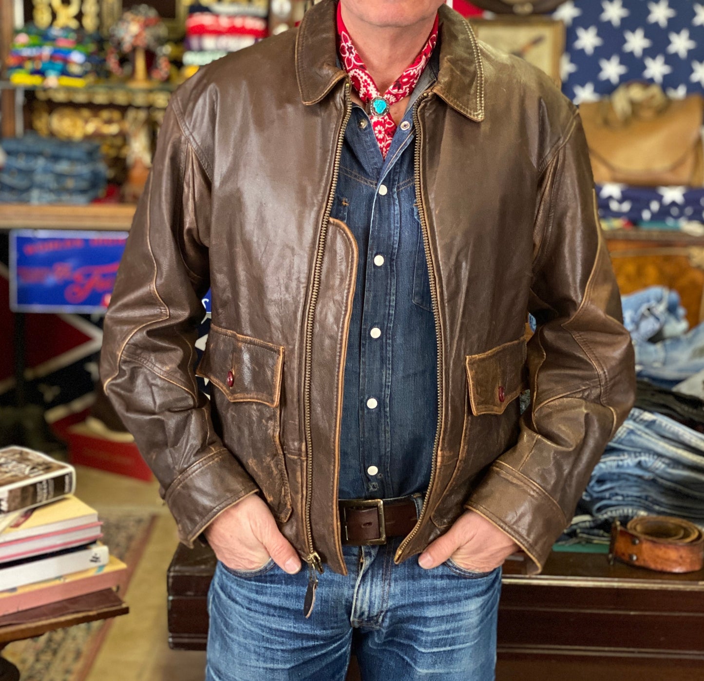 Vintage G-8 type leather jacket, size 44US/54EU - front view. Made in USA by Avirex.