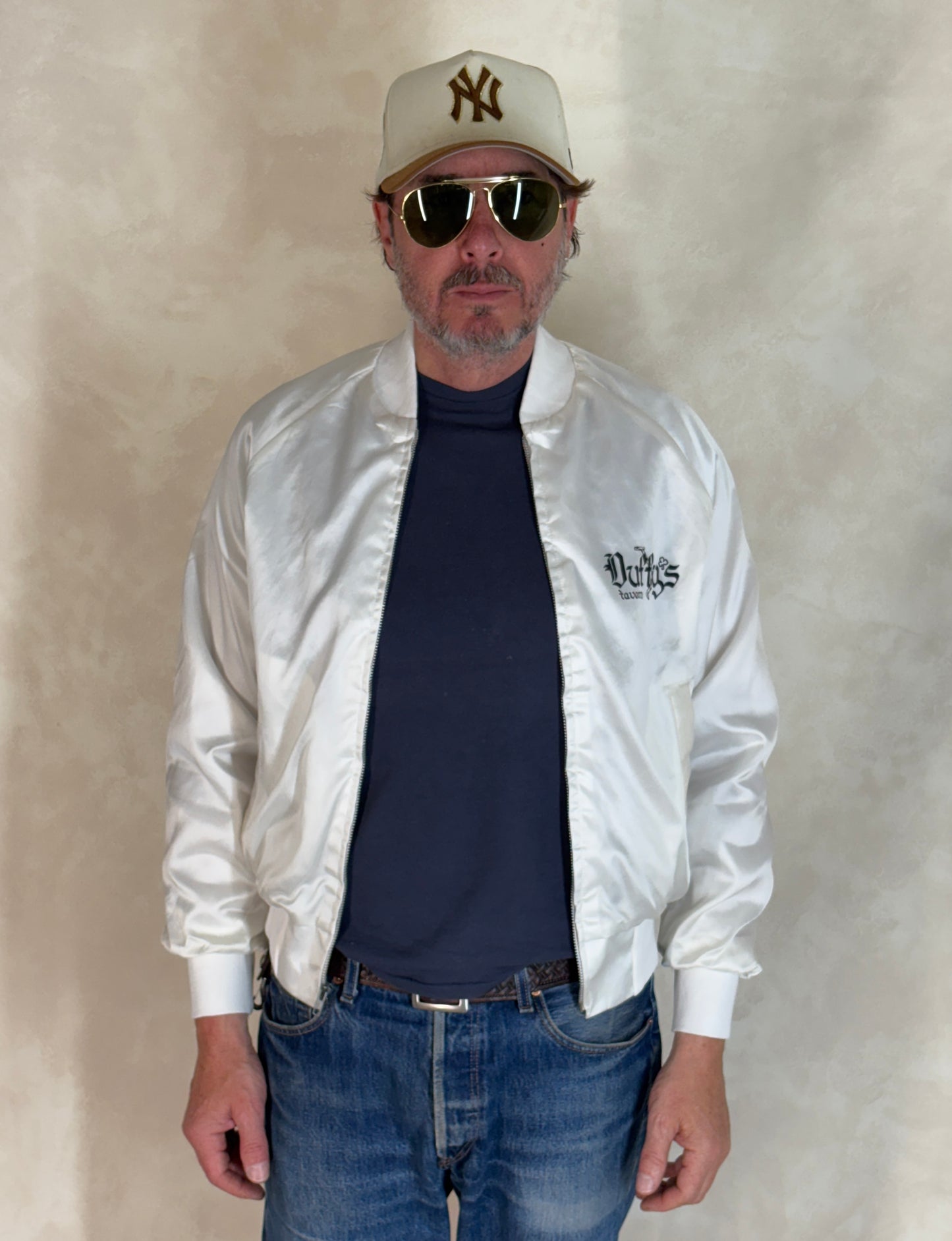 Size Small. Vintage 80s white Satin Jacket King Louie Made In USA