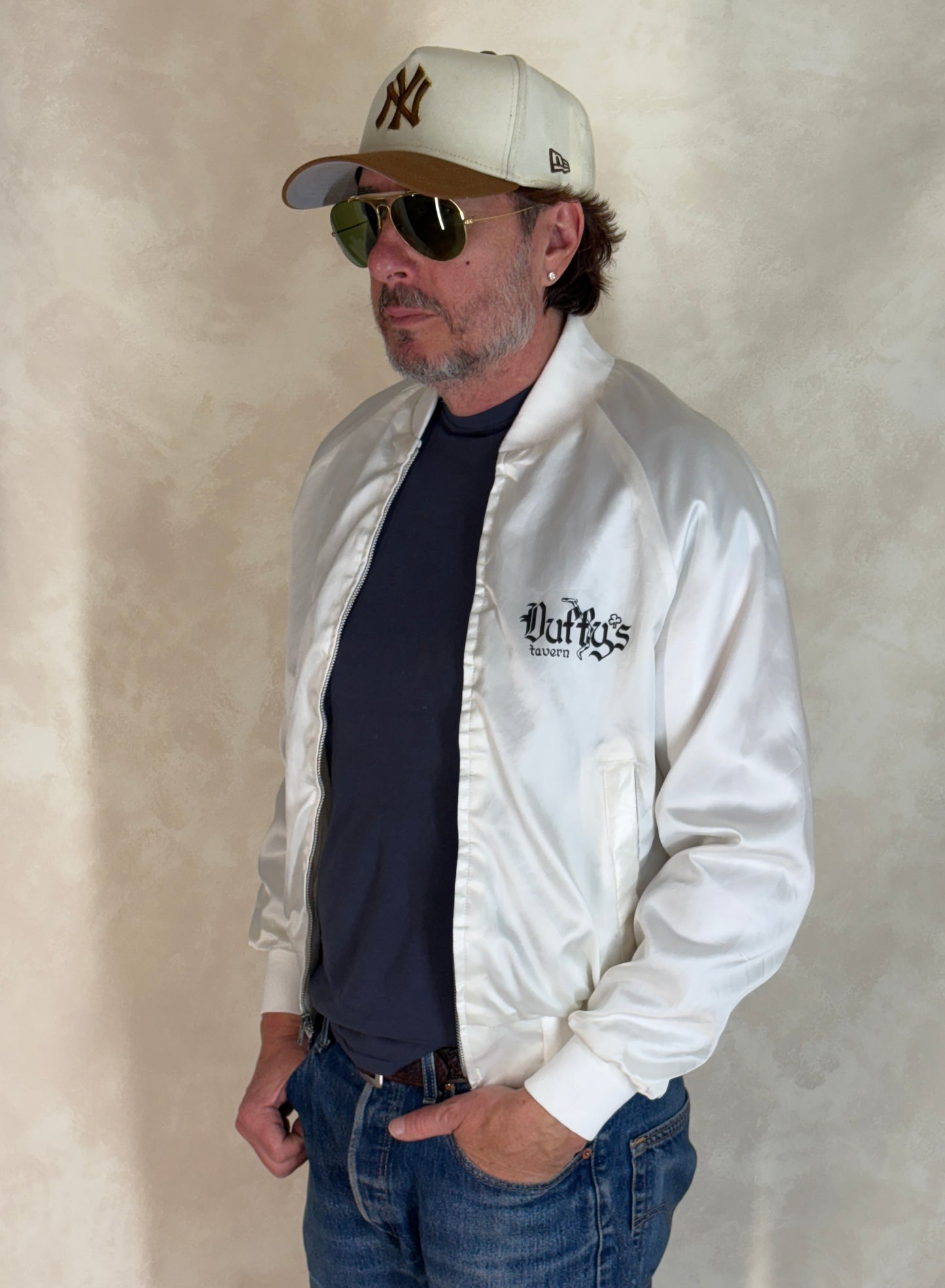 Size Small. Vintage 80s white Satin Jacket King Louie Made In USA