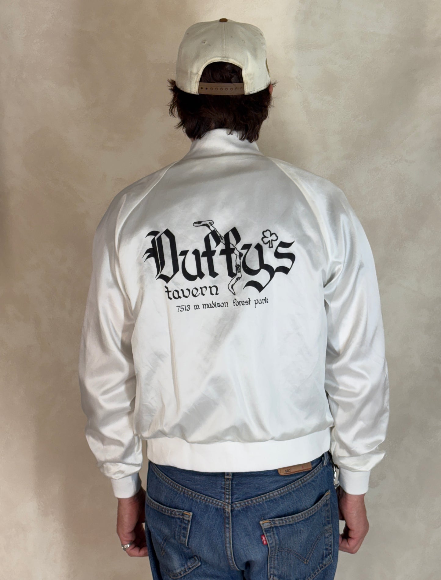 Size Small. Vintage 80s white Satin Jacket King Louie Made In USA