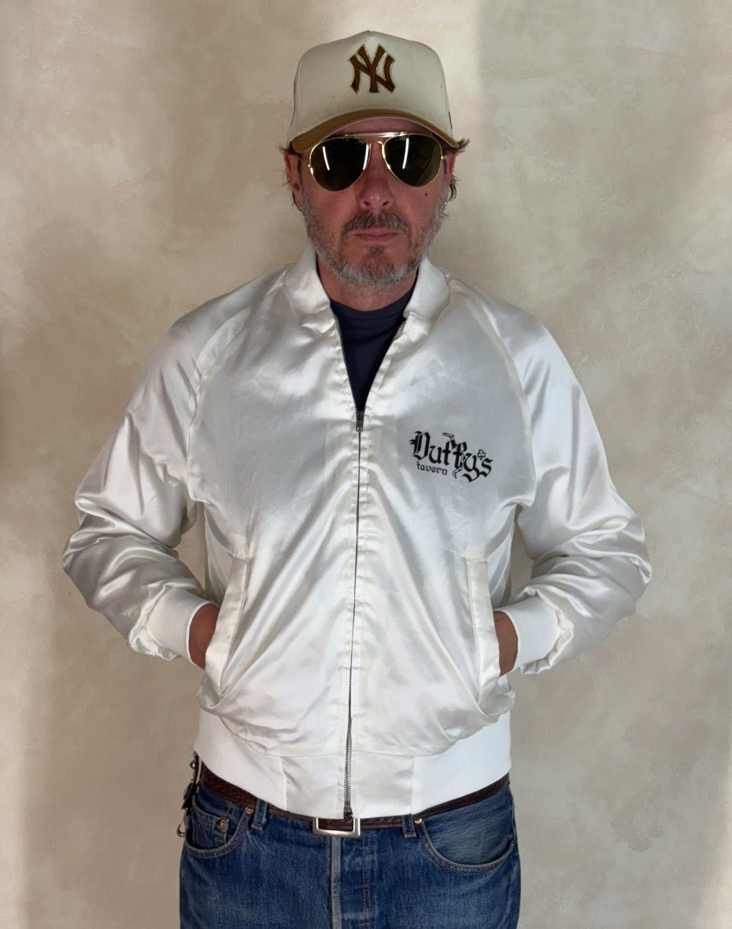 Size Small. Vintage 80s white Satin Jacket King Louie Made In USA