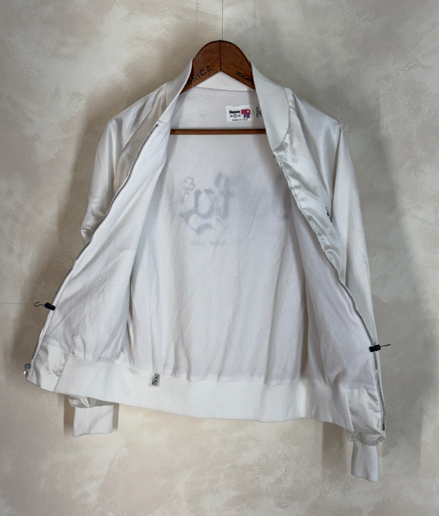 Size Small. Vintage 80s white Satin Jacket King Louie Made In USA