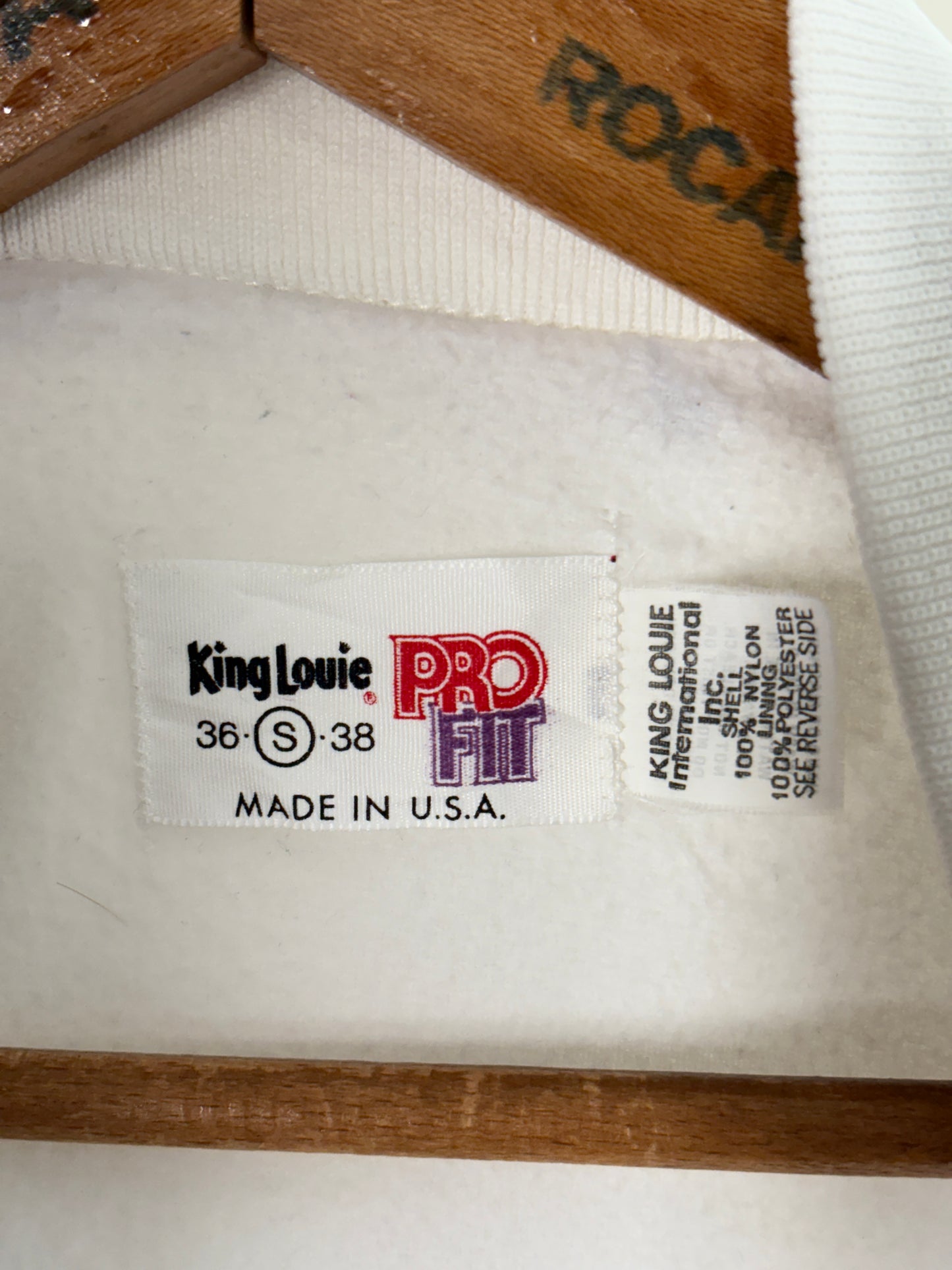 Size Small. Vintage 80s white Satin Jacket King Louie Made In USA