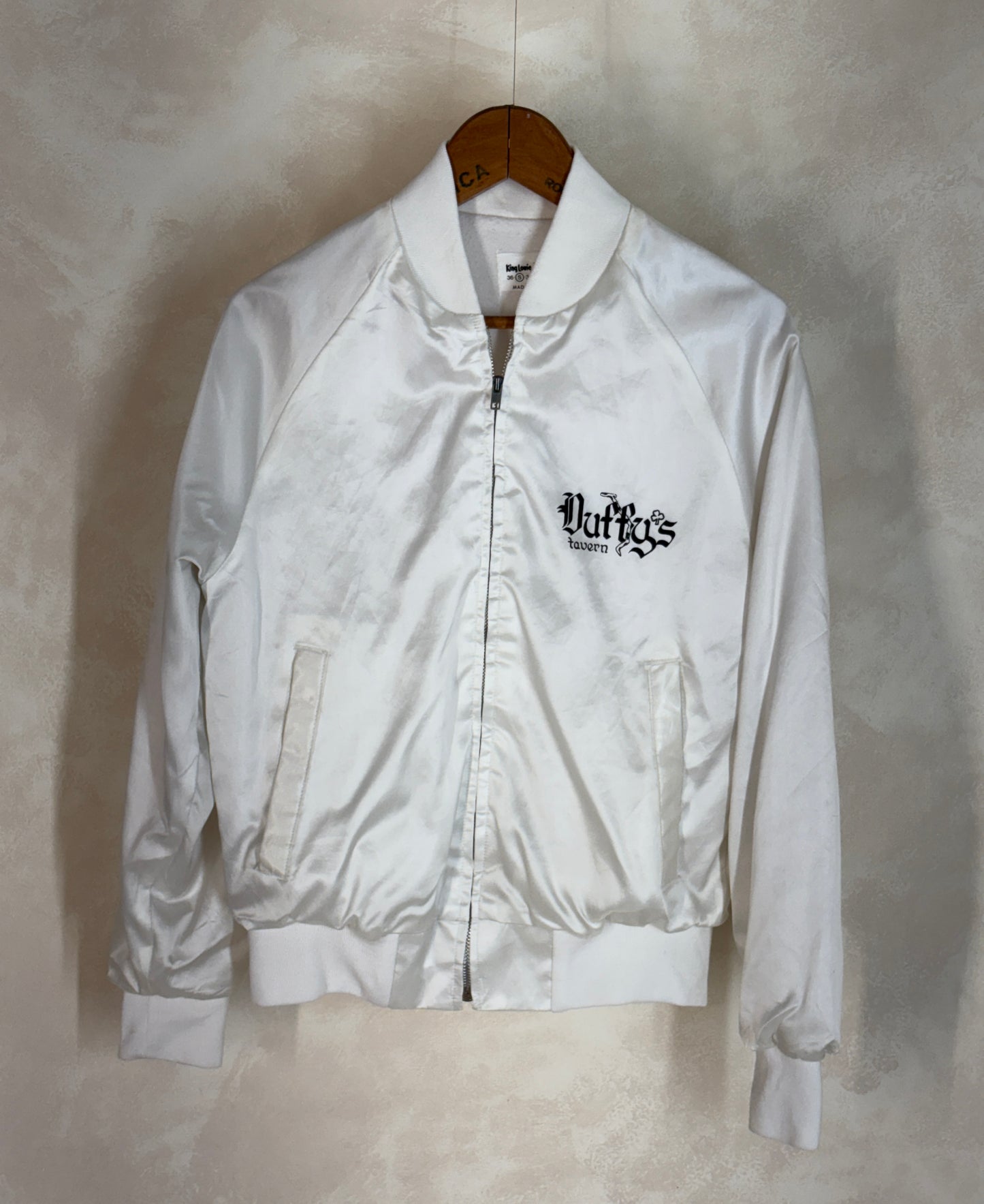 Size Small. Vintage 80s white Satin Jacket King Louie Made In USA
