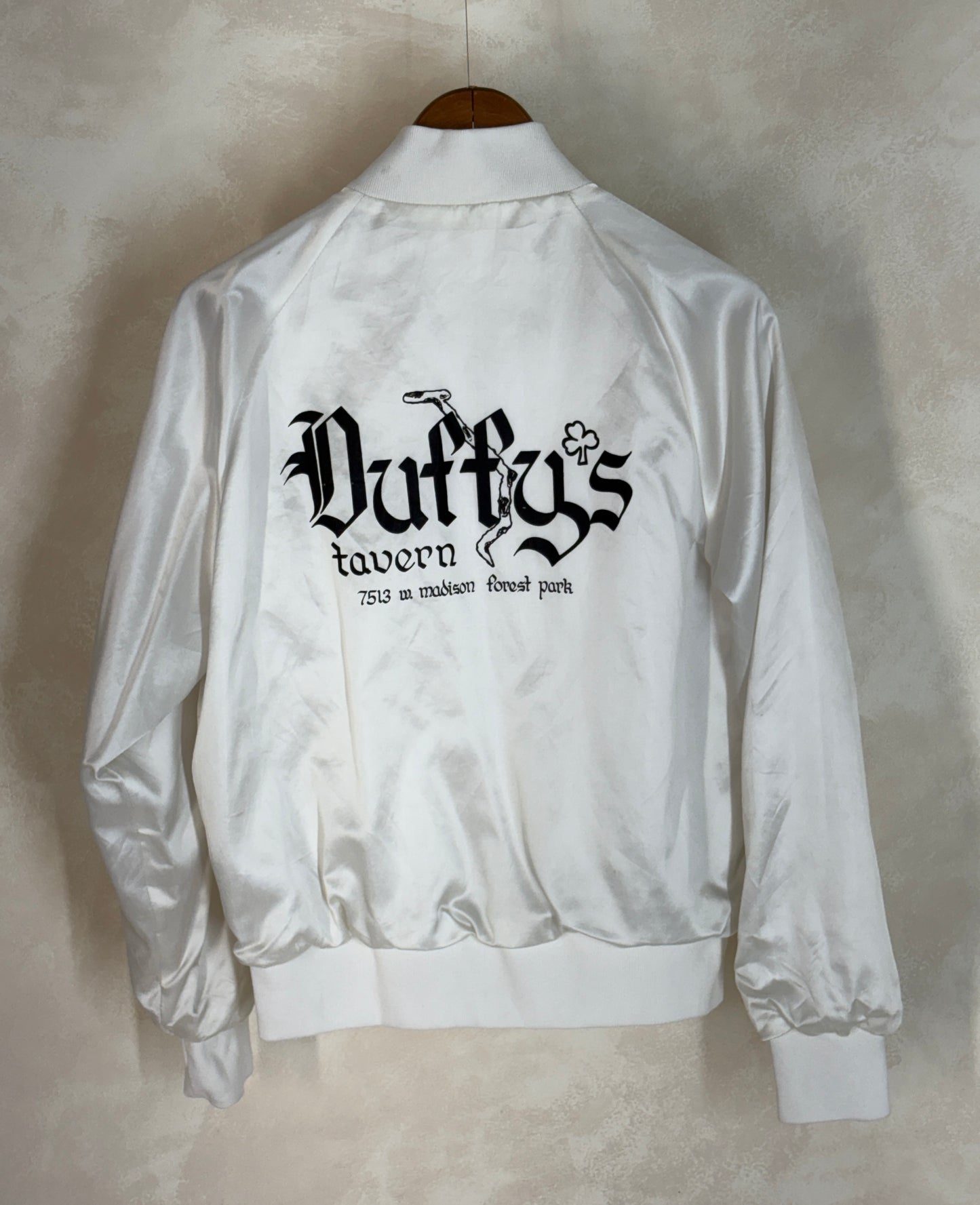 Size Small. Vintage 80s white Satin Jacket King Louie Made In USA