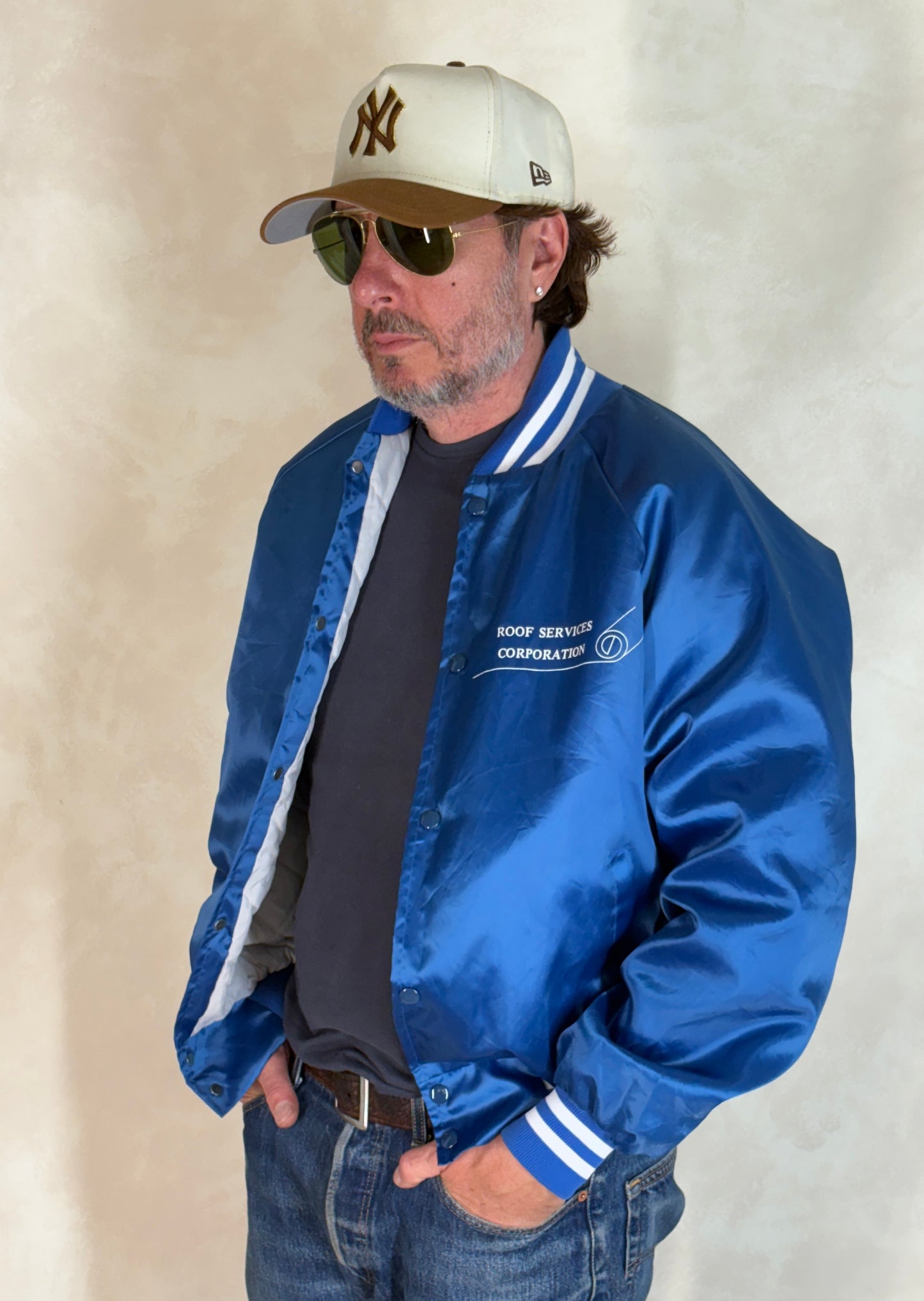 Size Large. Vintage 90s Blue Satin Jacket Made In USA
