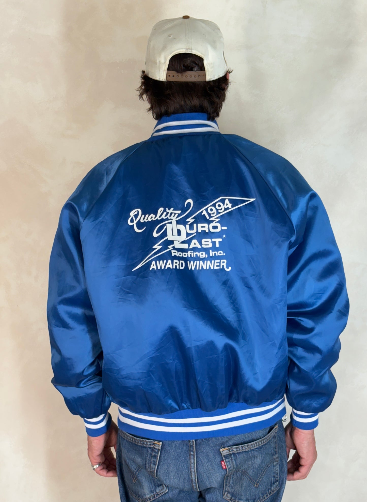 Size Large. Vintage 90s Blue Satin Jacket Made In USA