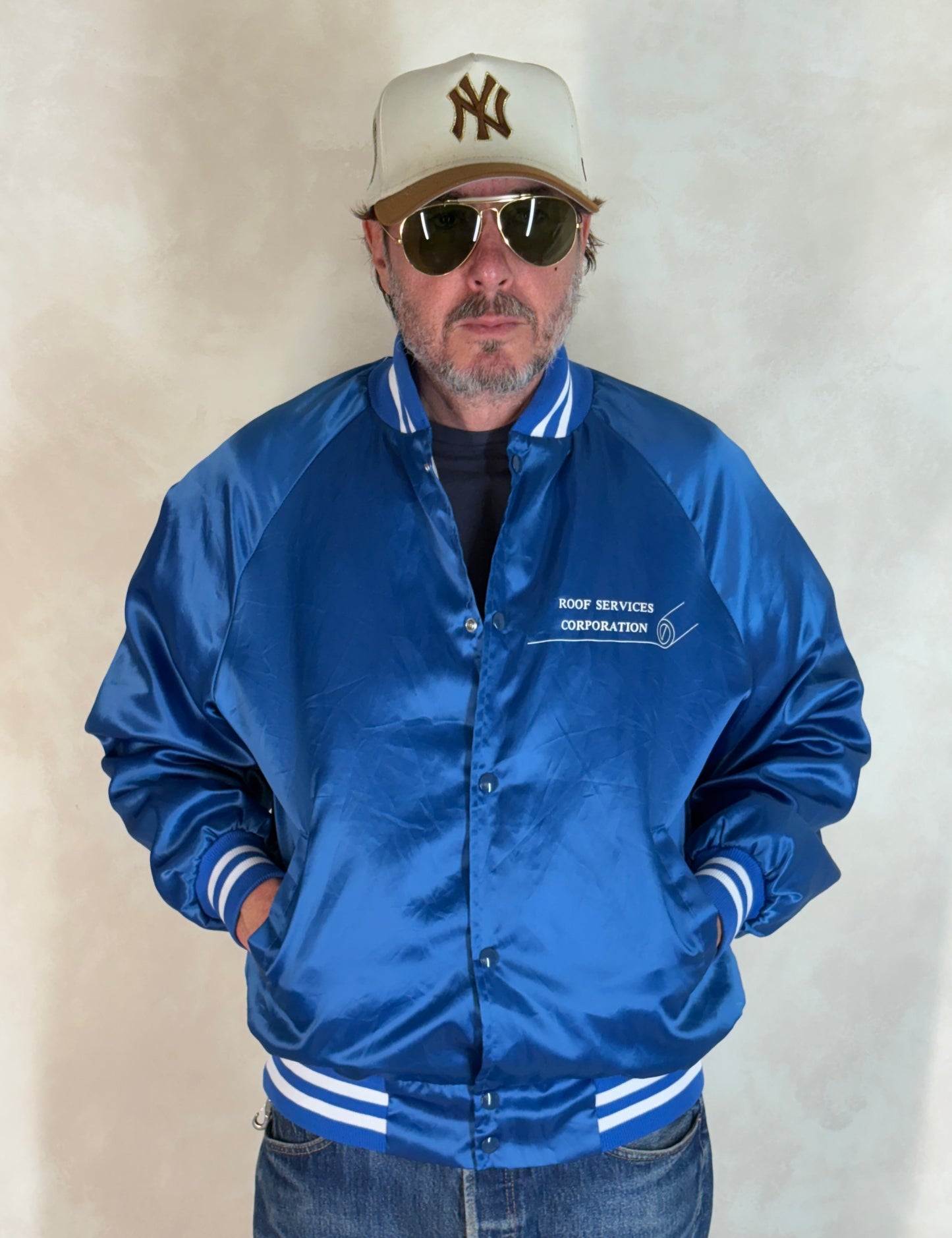 Size Large. Vintage 90s Blue Satin Jacket Made In USA